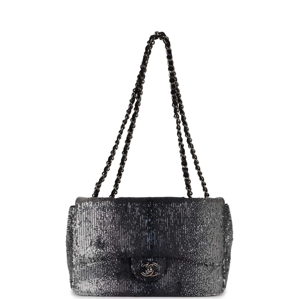 Chanel Small Classic Flap Bag Black and Silver Sequins Silver Hardware