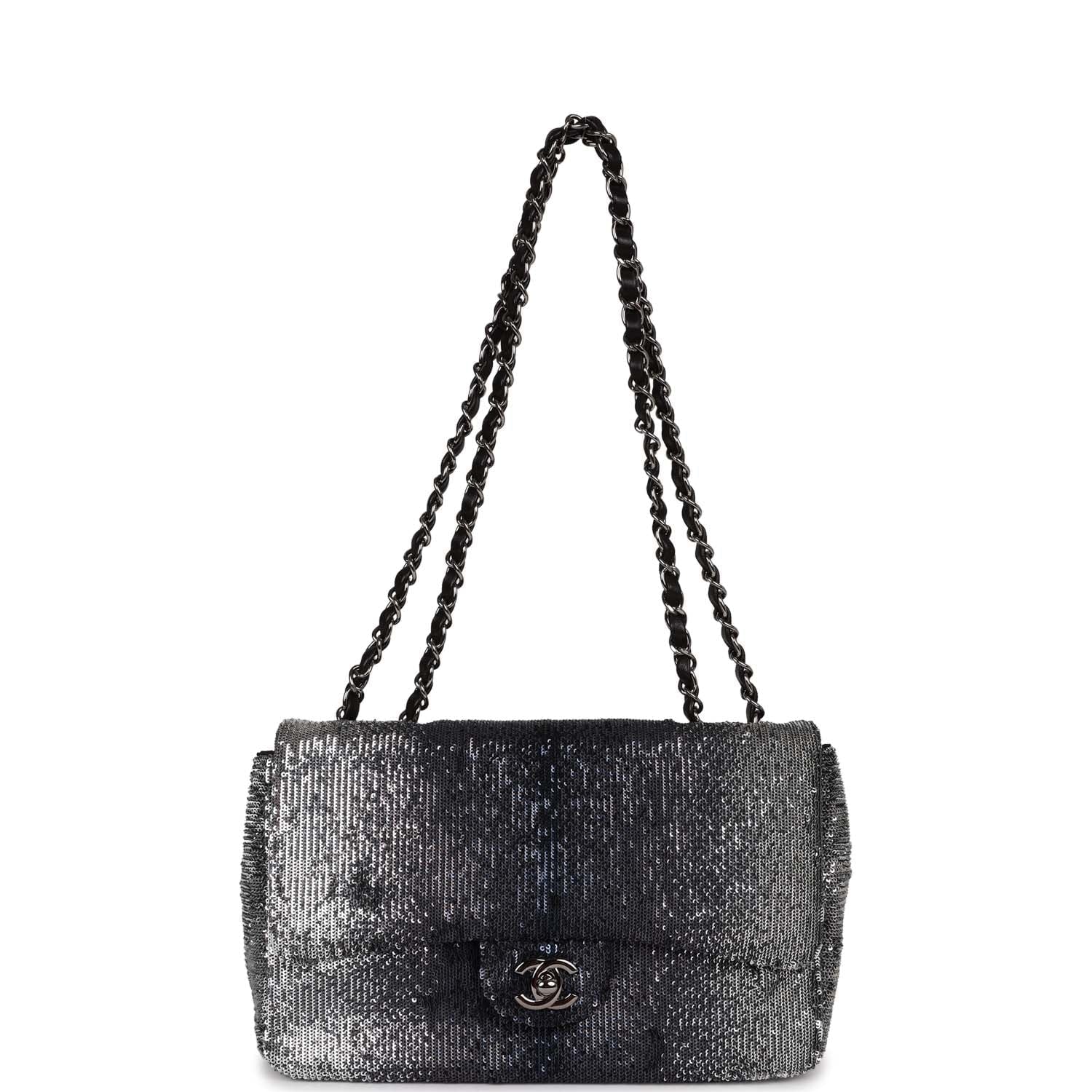 Chanel Small Classic Flap Bag Black and Silver Sequins Silver Hardware
