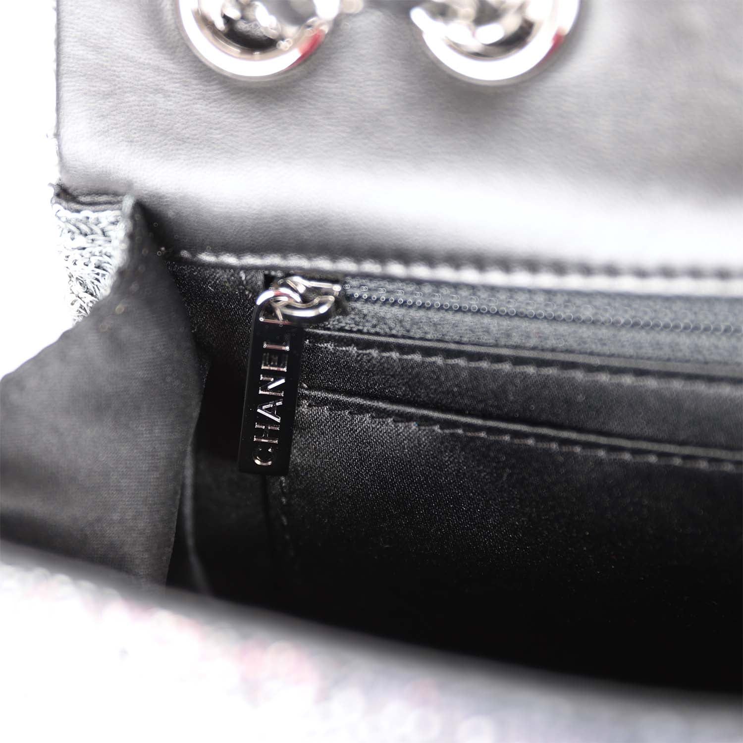 Chanel Small Classic Flap Bag Black and Silver Sequins Silver Hardware