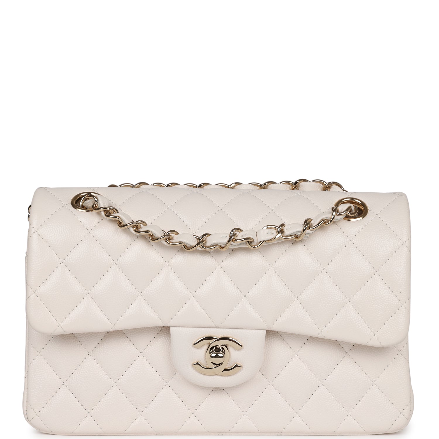 Chanel Small Classic Double Flap White Caviar Light Gold Hardware
