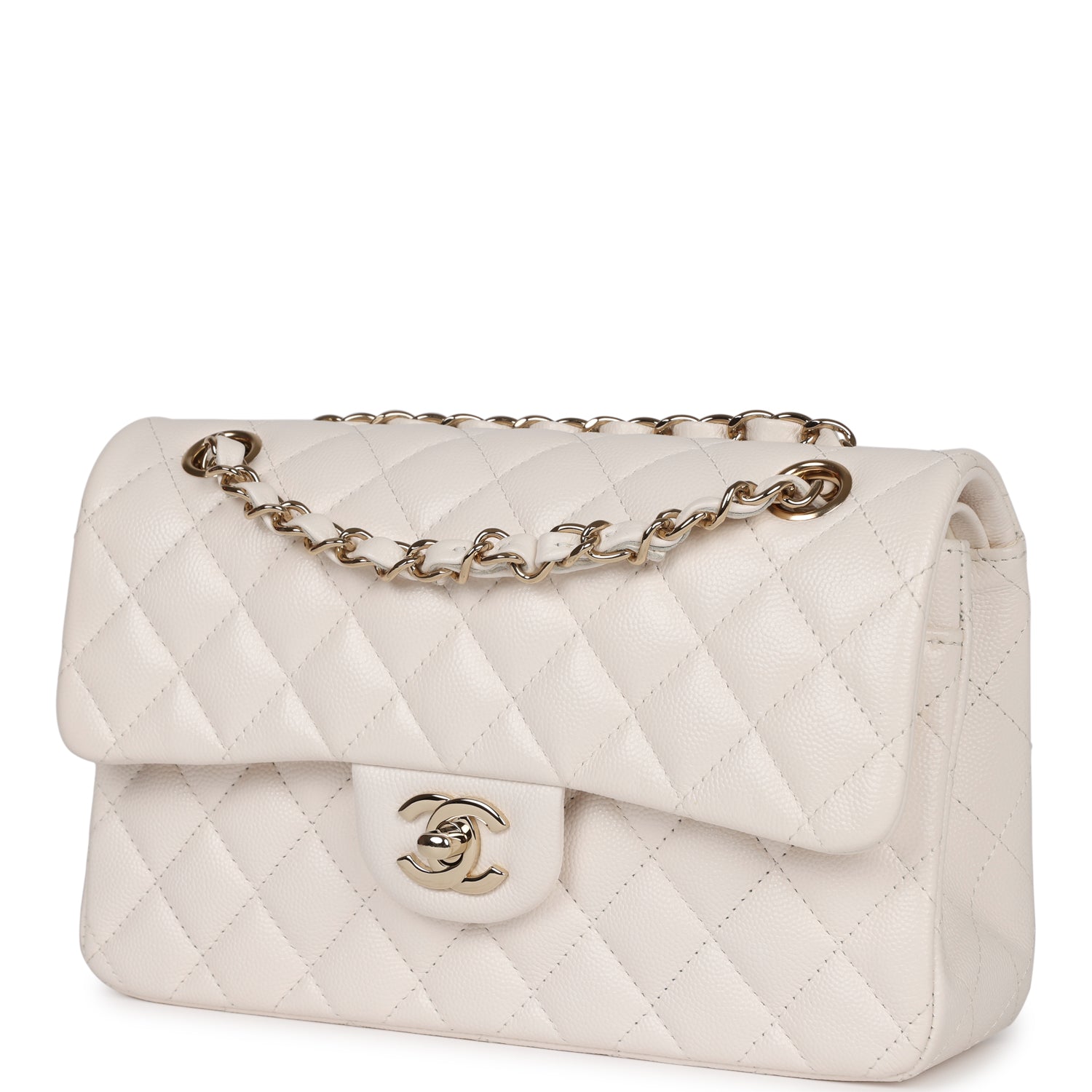 Chanel Small Classic Double Flap White Caviar Light Gold Hardware