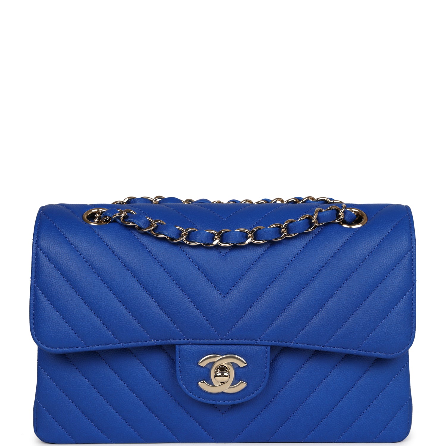 Chanel Small Classic Double Flap Blue Chevron Caviar Gold Hardware
