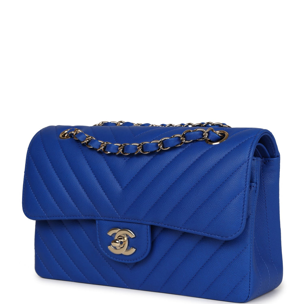 Chanel Small Classic Double Flap Blue Chevron Caviar Gold Hardware