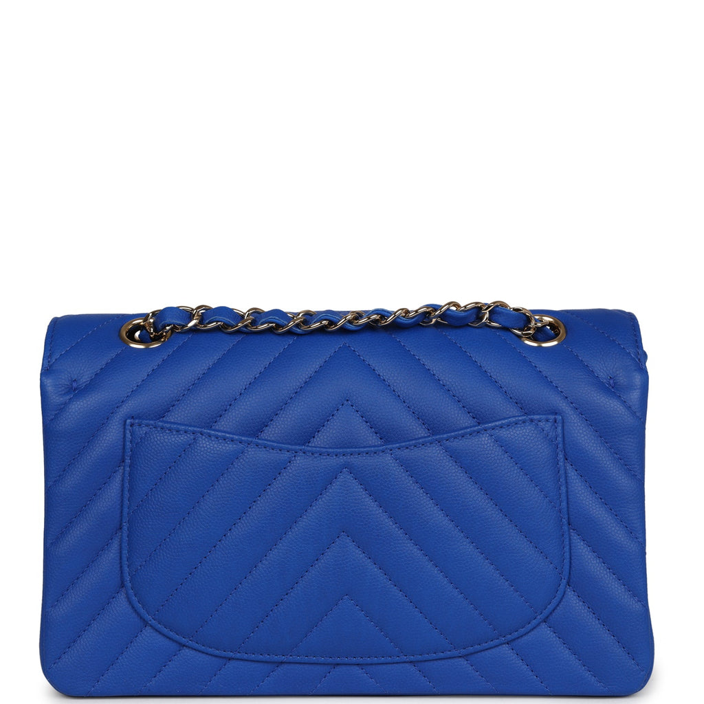 Chanel Small Classic Double Flap Blue Chevron Caviar Gold Hardware