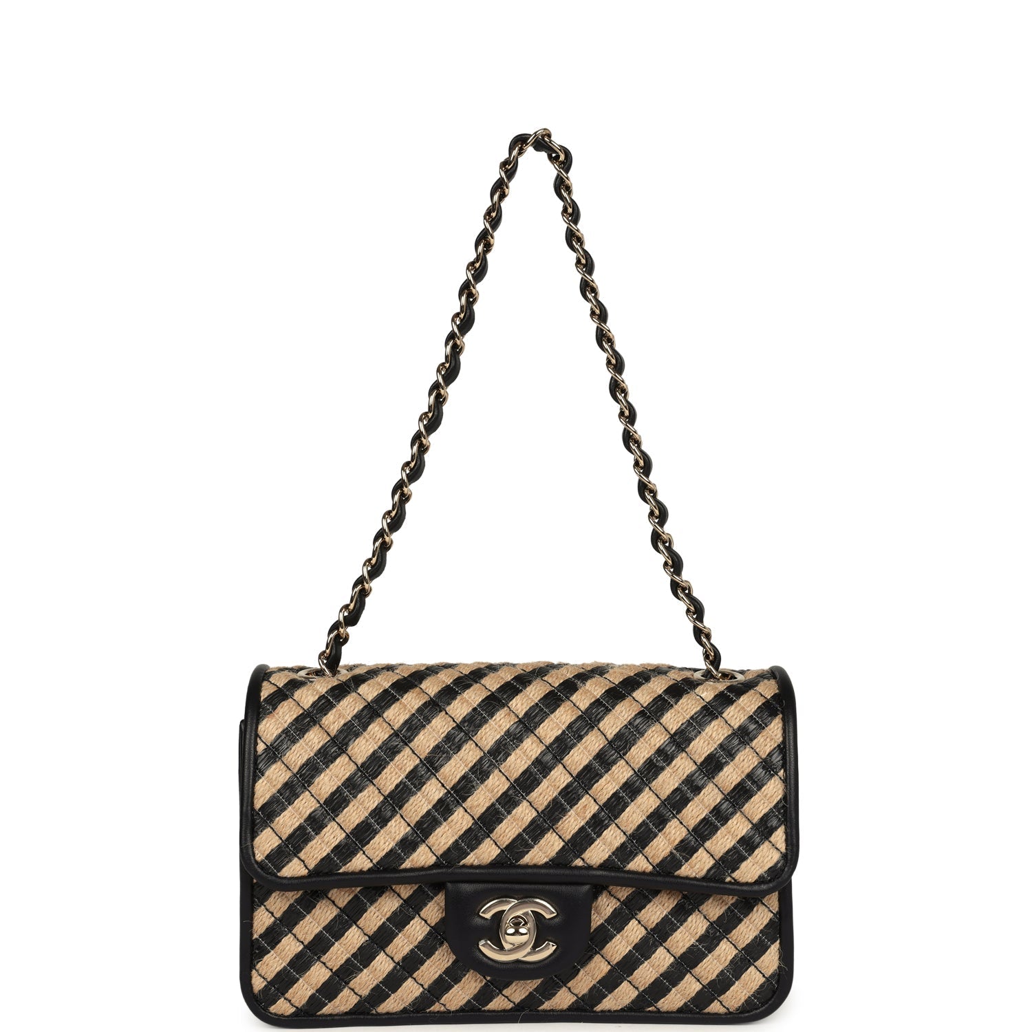 Chanel Small Urban Jungle Flap Beige and Black Stripe Raffia Jute Gold Hardware
