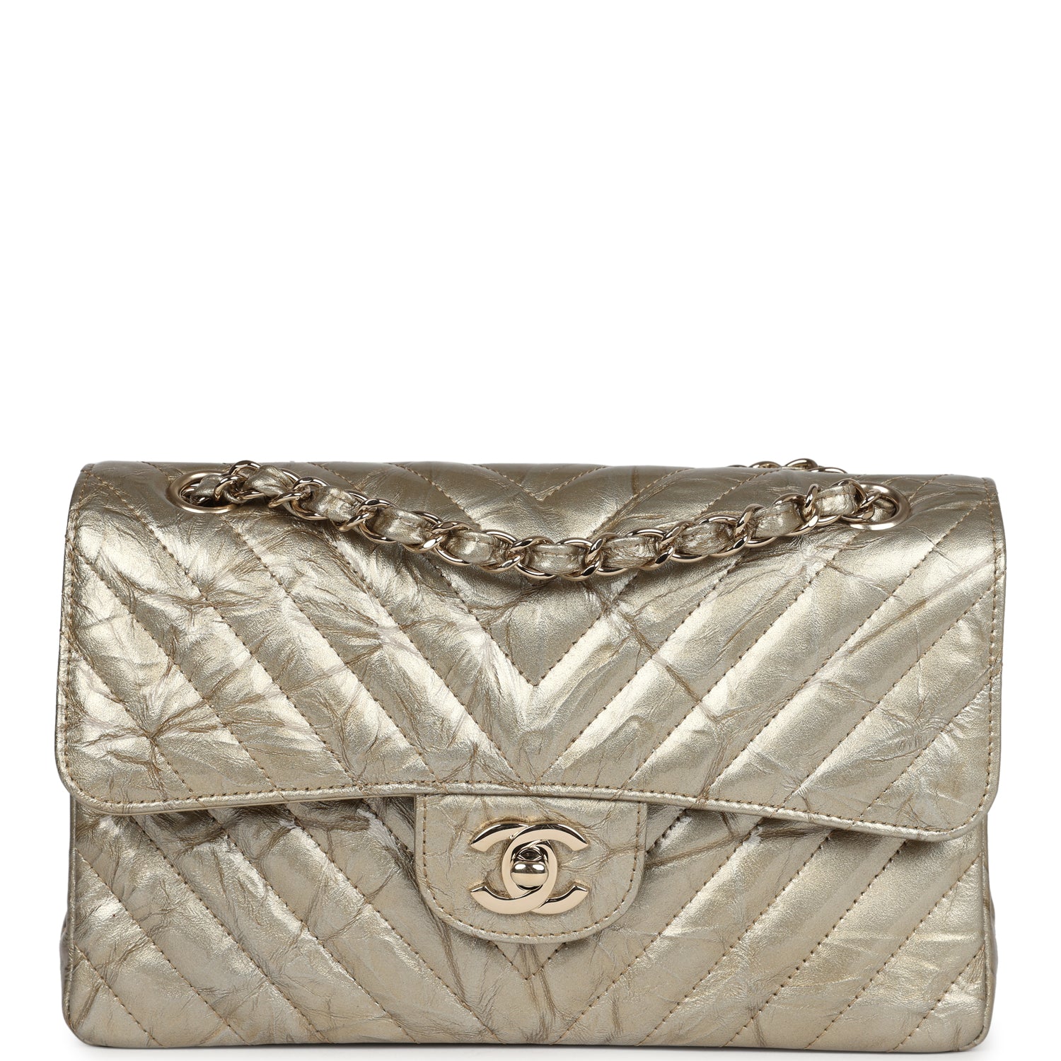 Chanel Small Chevron Double Flap Bag Gold Metallic Patent Aged Calfskin Light Gold Hardware