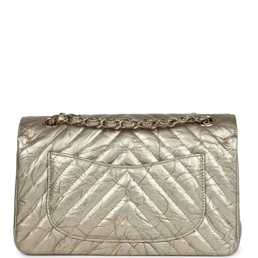 Chanel Small Chevron Double Flap Bag Gold Metallic Patent Aged Calfskin Light Gold Hardware