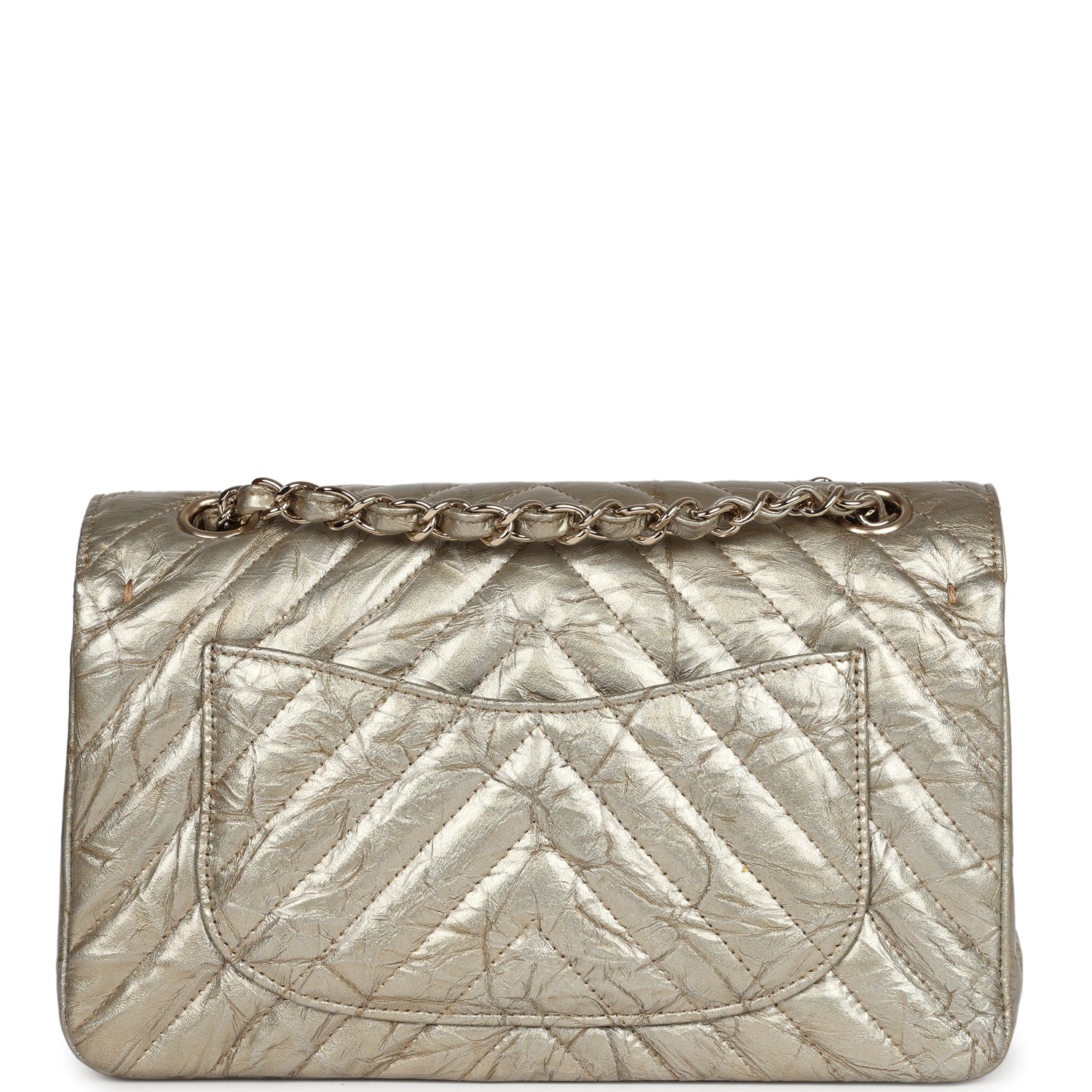 Chanel Small Chevron Double Flap Bag Gold Metallic Patent Aged Calfskin Light Gold Hardware
