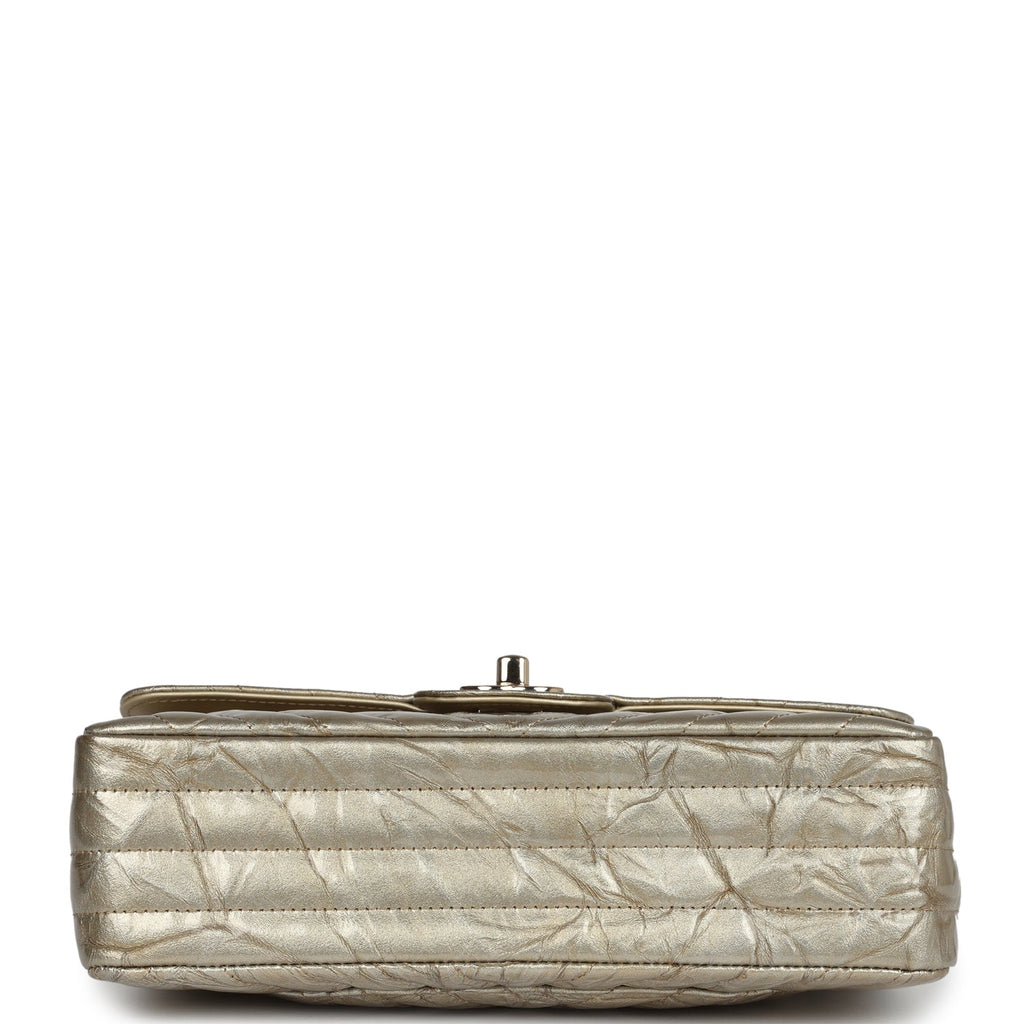 Chanel Small Chevron Double Flap Bag Gold Metallic Patent Aged Calfskin Light Gold Hardware