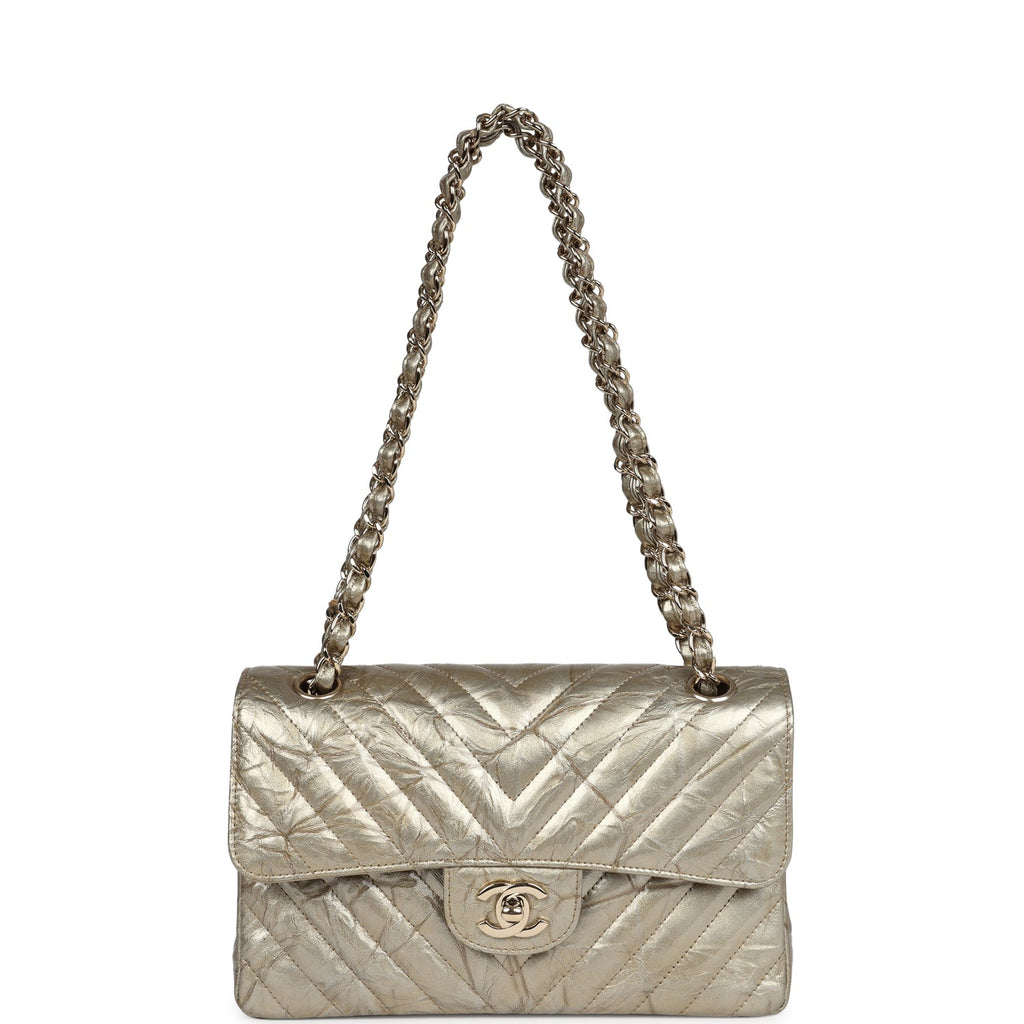 Chanel Small Chevron Double Flap Bag Gold Metallic Patent Aged Calfskin Light Gold Hardware