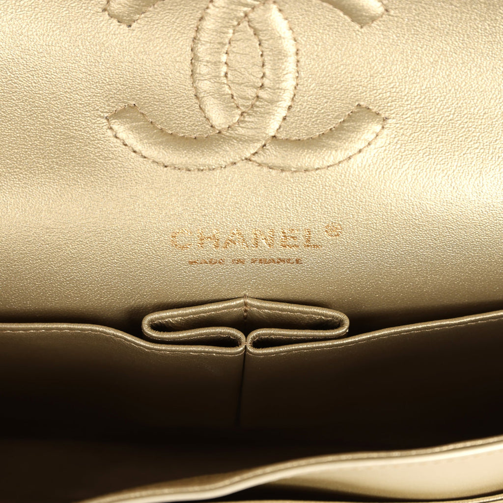 Chanel Small Chevron Double Flap Bag Gold Metallic Patent Aged Calfskin Light Gold Hardware