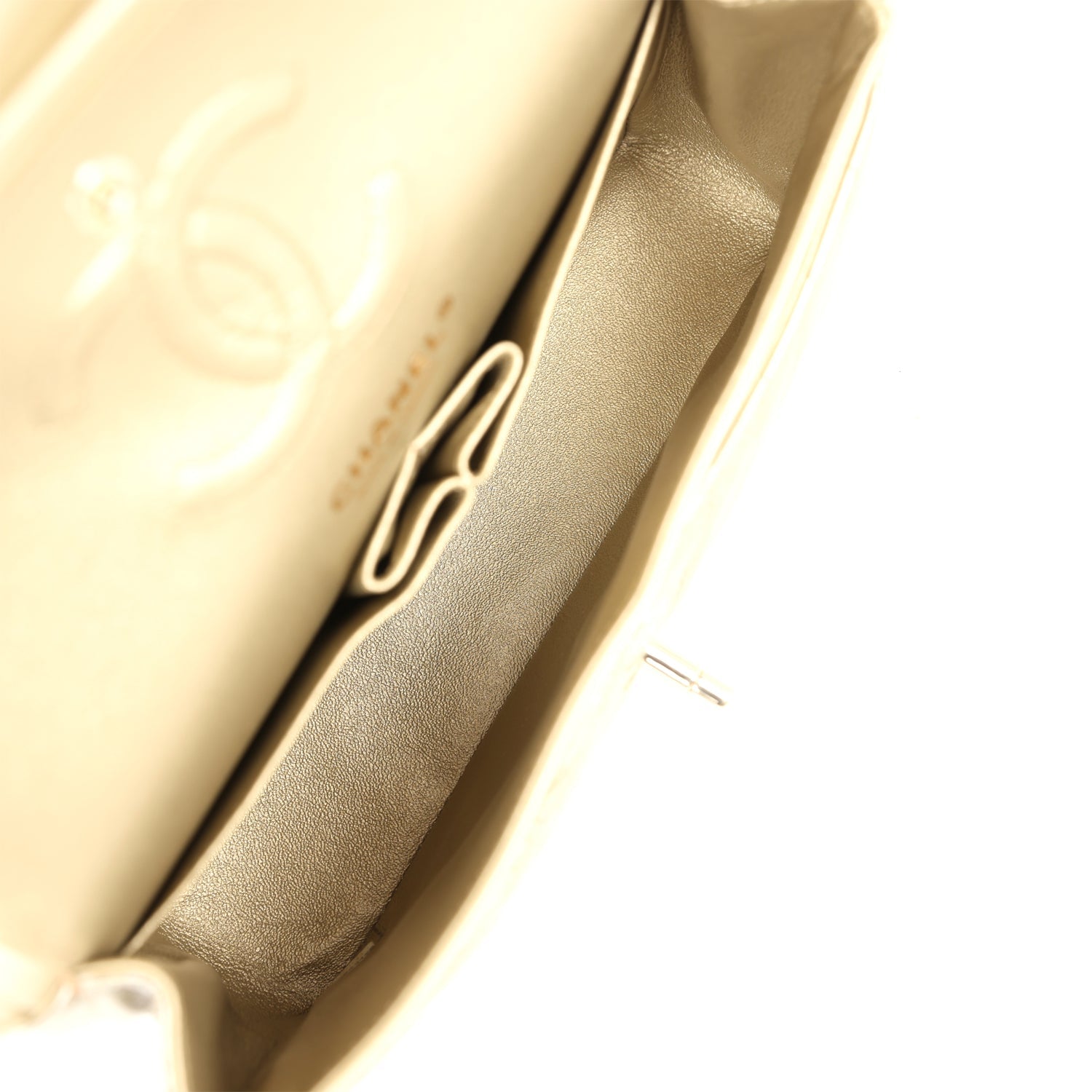 Chanel Small Chevron Double Flap Bag Gold Metallic Patent Aged Calfskin Light Gold Hardware