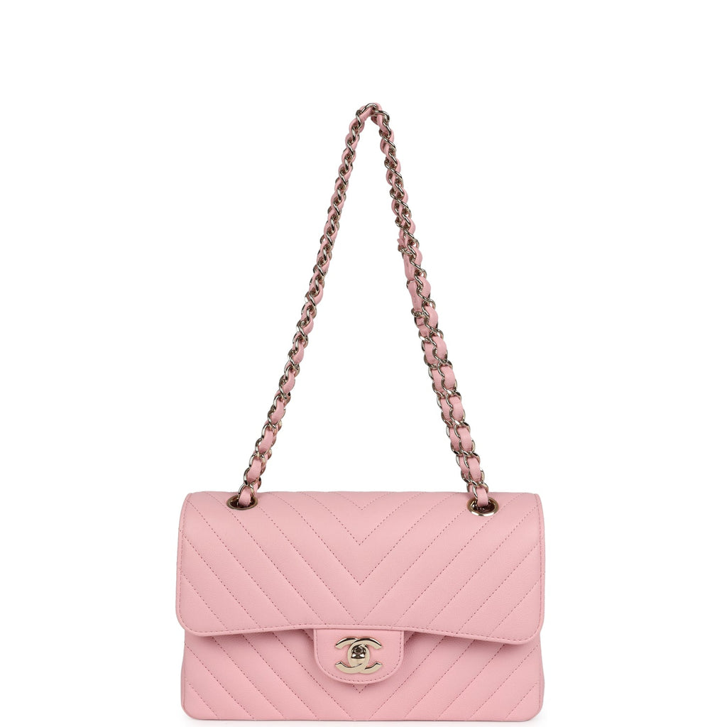Chanel Small Classic Double Flap Bag Light Pink Chevron Caviar Light Gold Hardware