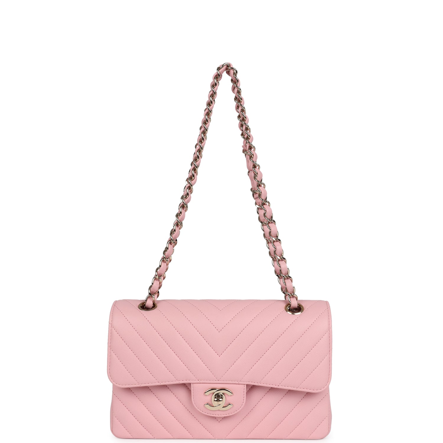 Chanel Small Classic Double Flap Bag Light Pink Chevron Caviar Light Gold Hardware
