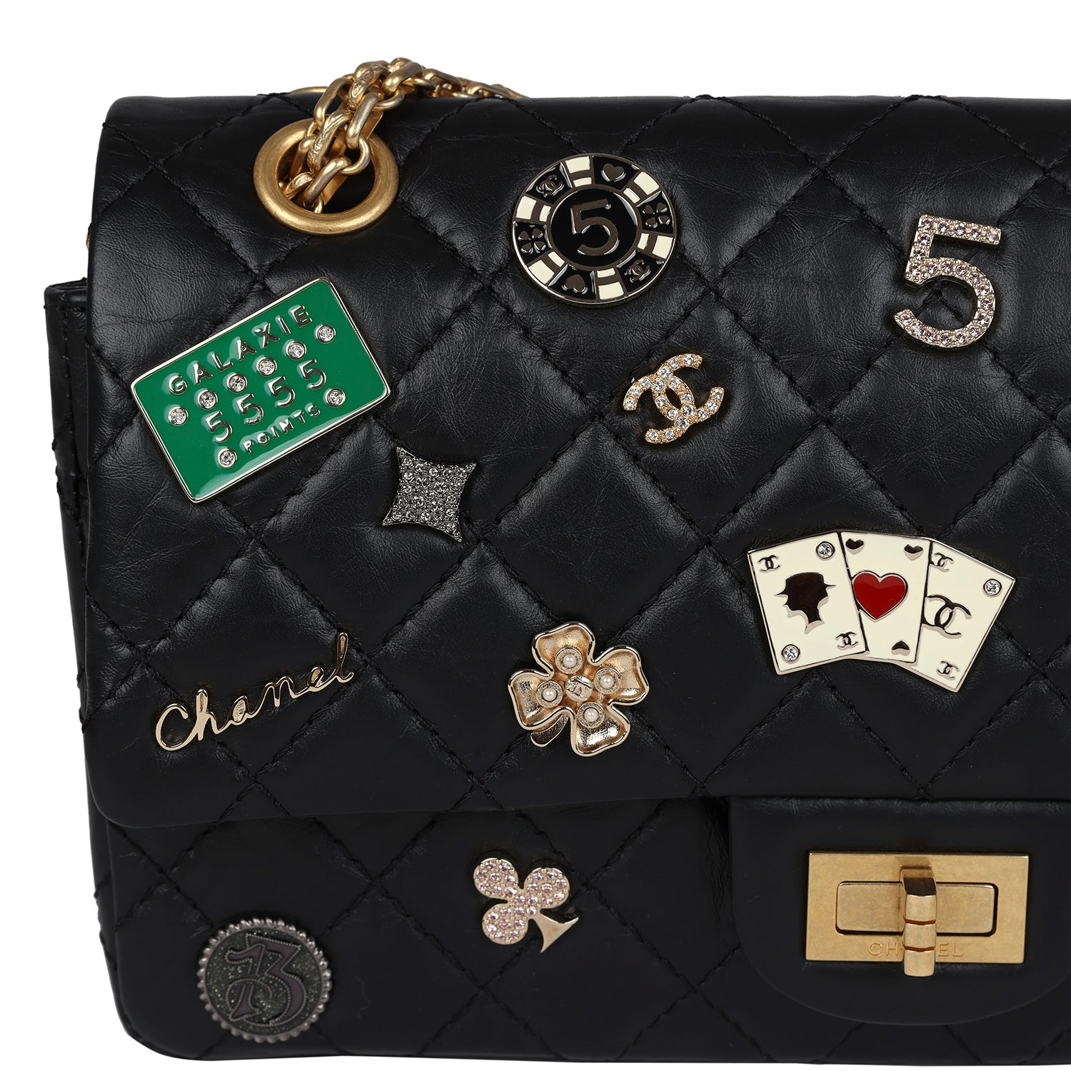 Chanel Small Reissue 225 2.55 Double Flap Lucky Charms Black Aged Calfskin Antique Gold Hardware