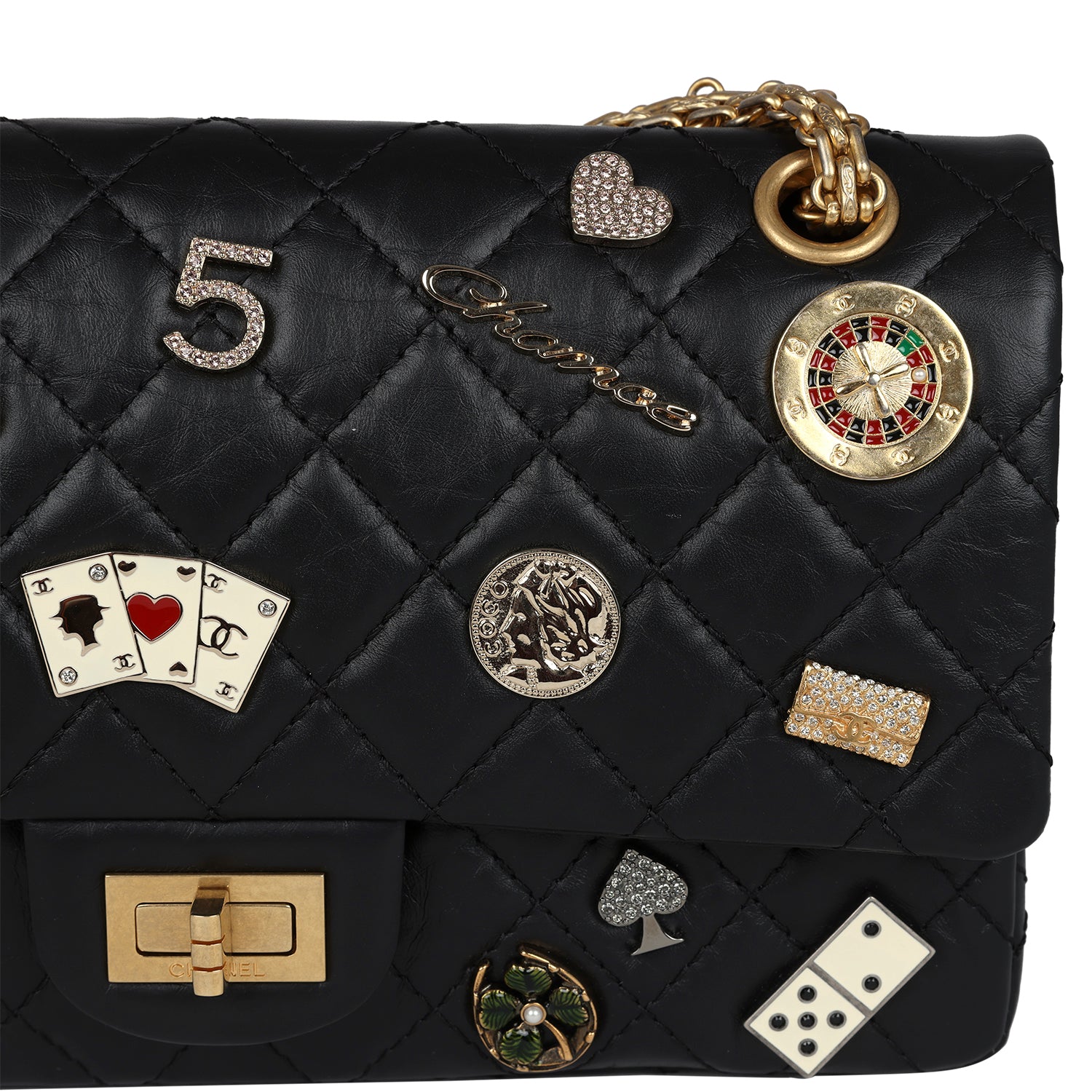 Chanel Small Reissue 225 2.55 Double Flap Lucky Charms Black Aged Calfskin Antique Gold Hardware