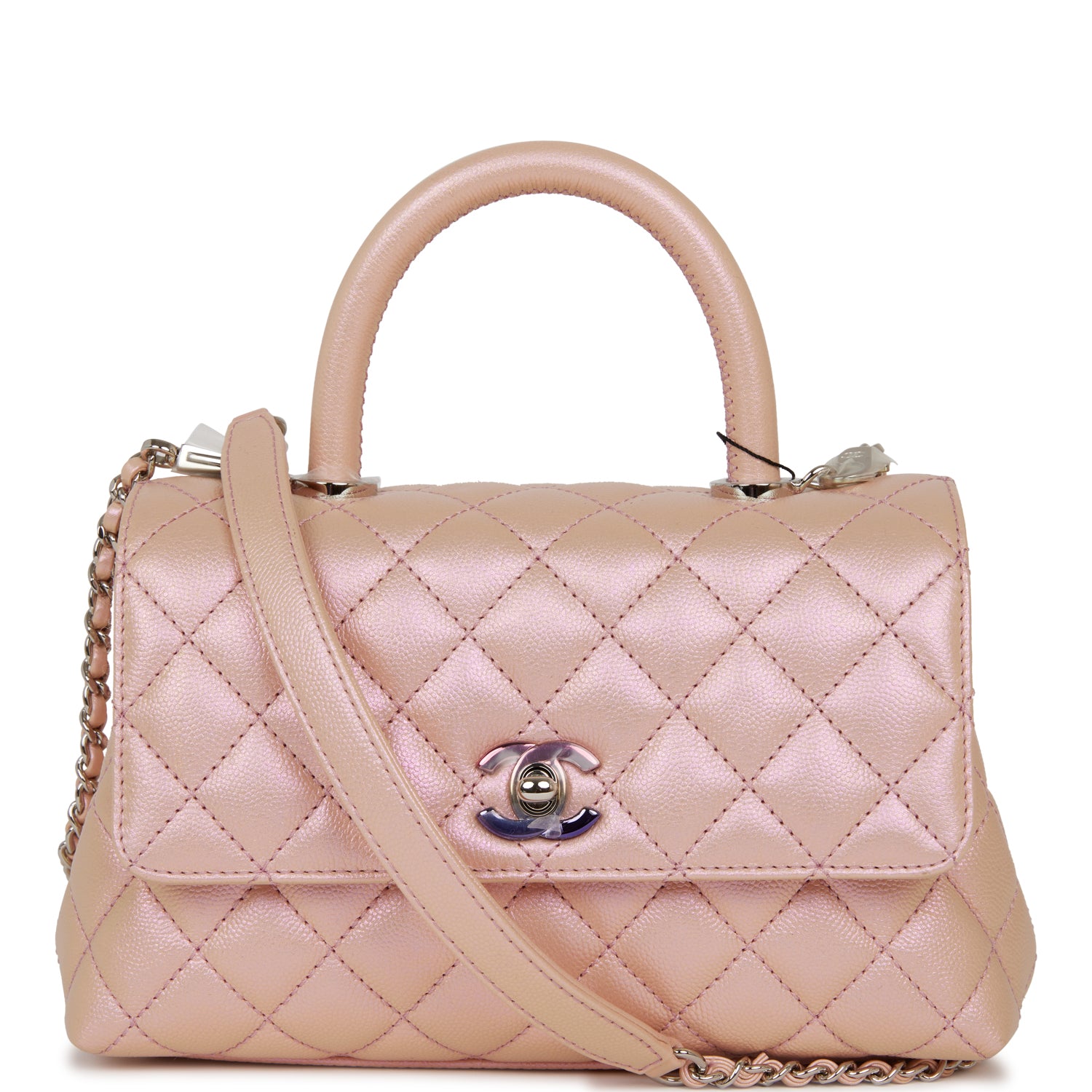 Chanel Small Coco Handle Flap Bag Pink Iridescent Caviar Silver Hardware