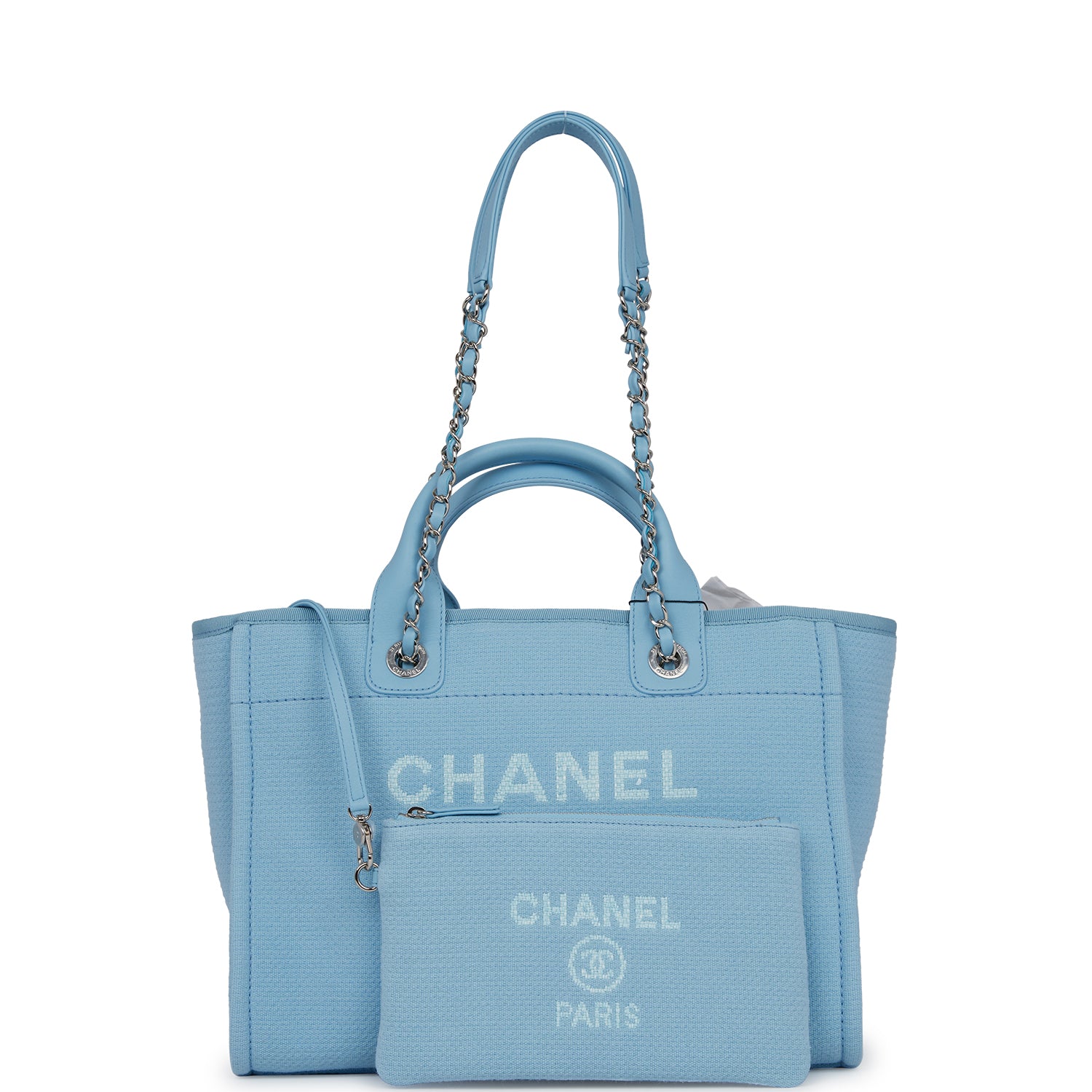 Chanel Small Deauville Shopping Bag Blue Boucle Silver Hardware