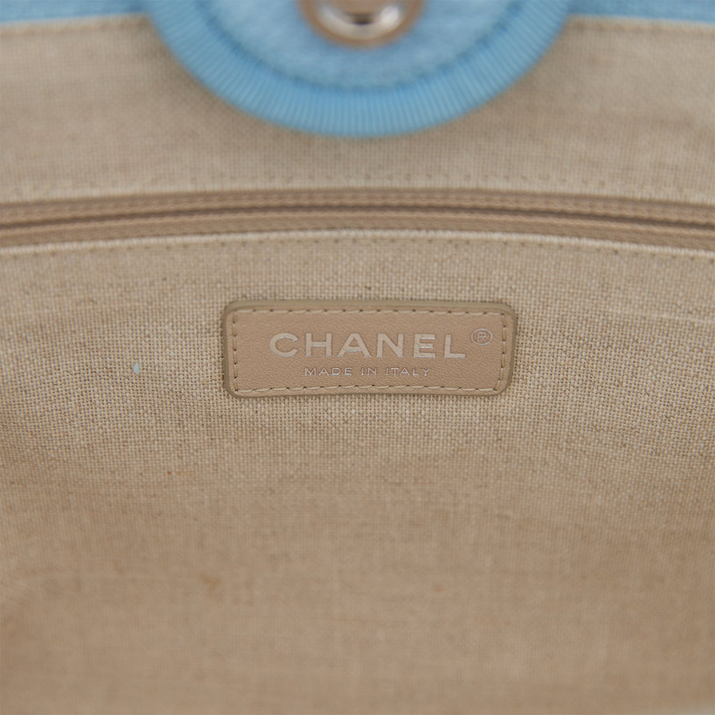 Chanel Small Deauville Shopping Bag Blue Boucle Silver Hardware