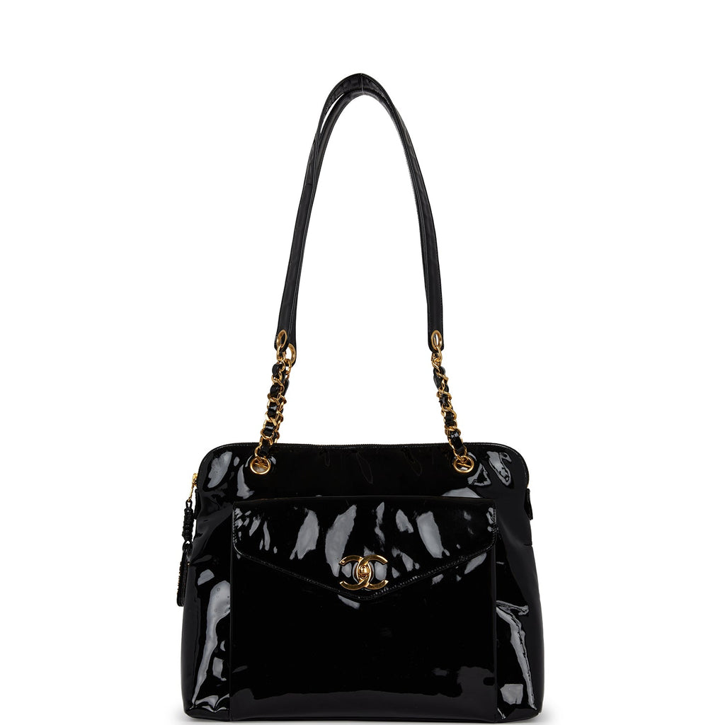 Chanel Vintage Tote Bag Black Patent Gold Hardware