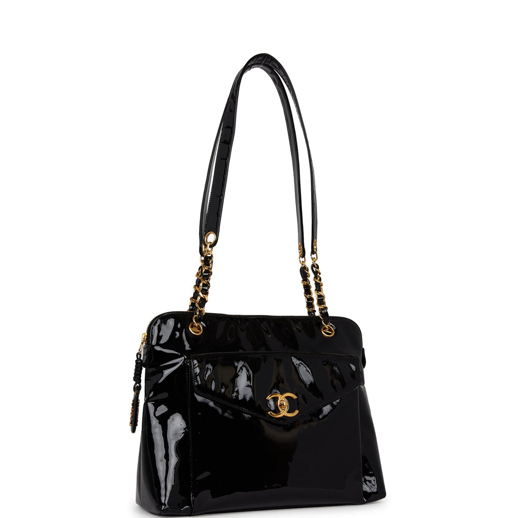 Chanel Vintage Tote Bag Black Patent Gold Hardware