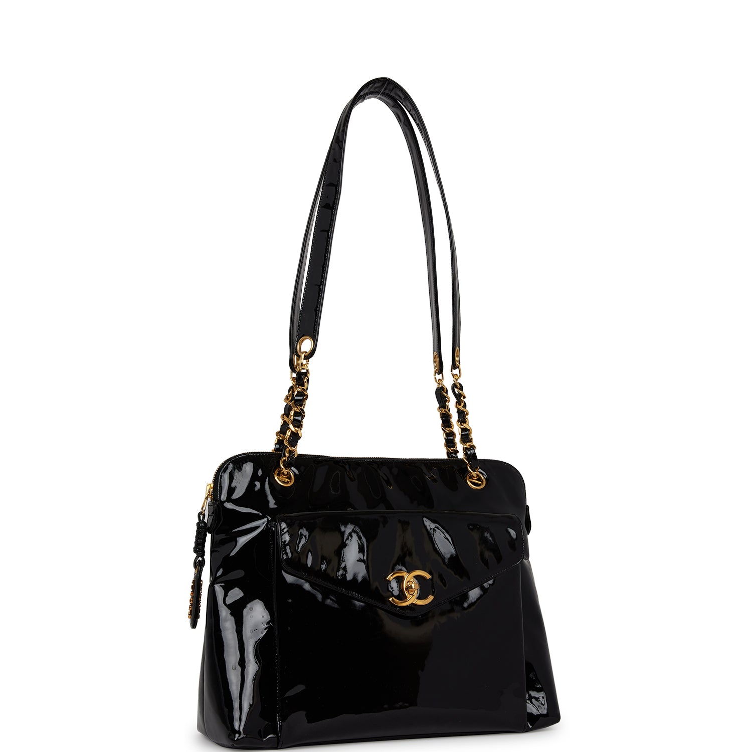 Chanel Vintage Tote Bag Black Patent Gold Hardware