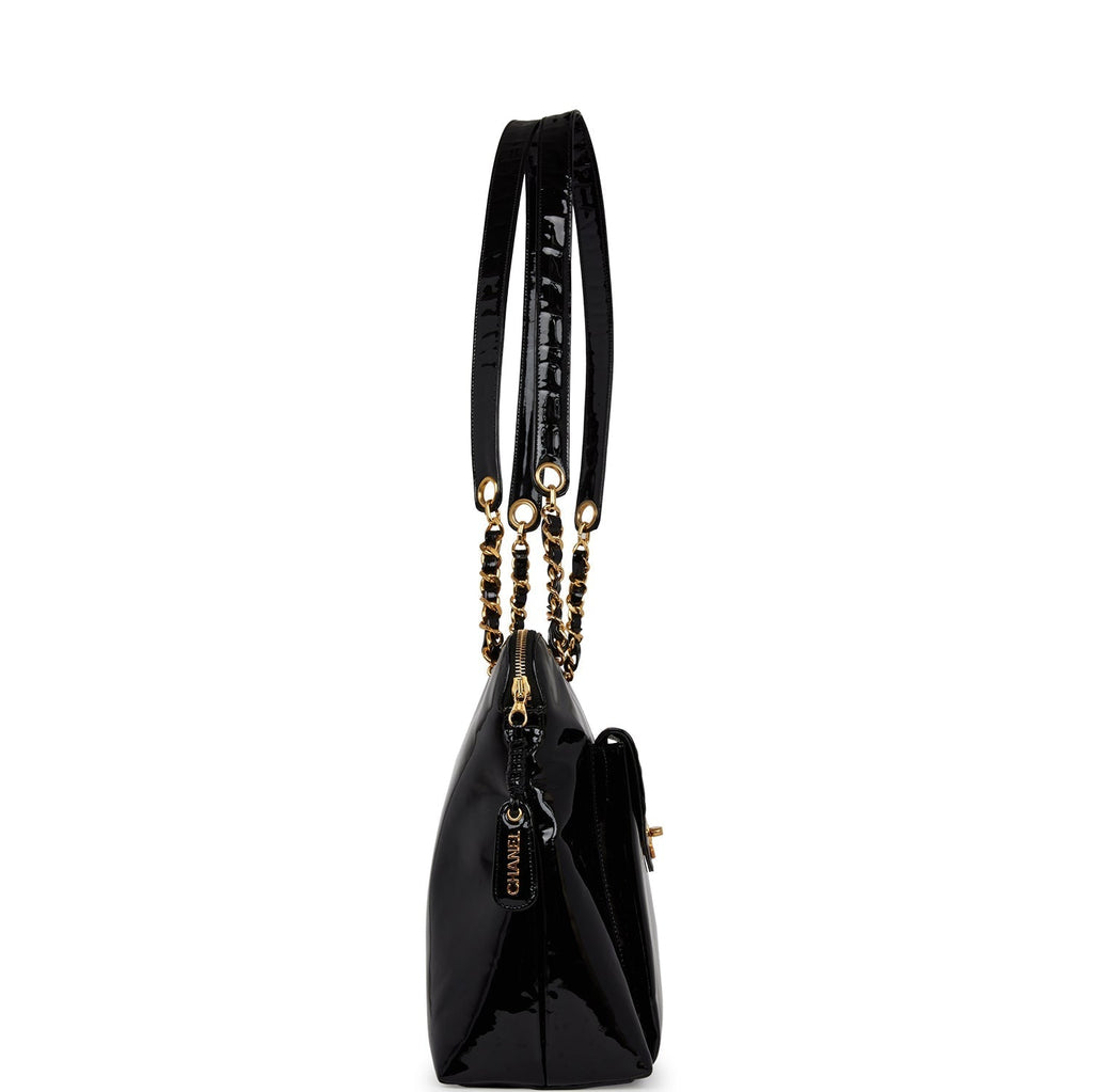 Chanel Vintage Tote Bag Black Patent Gold Hardware