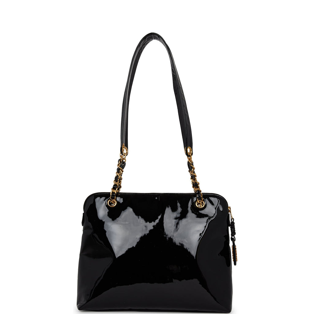 Chanel Vintage Tote Bag Black Patent Gold Hardware