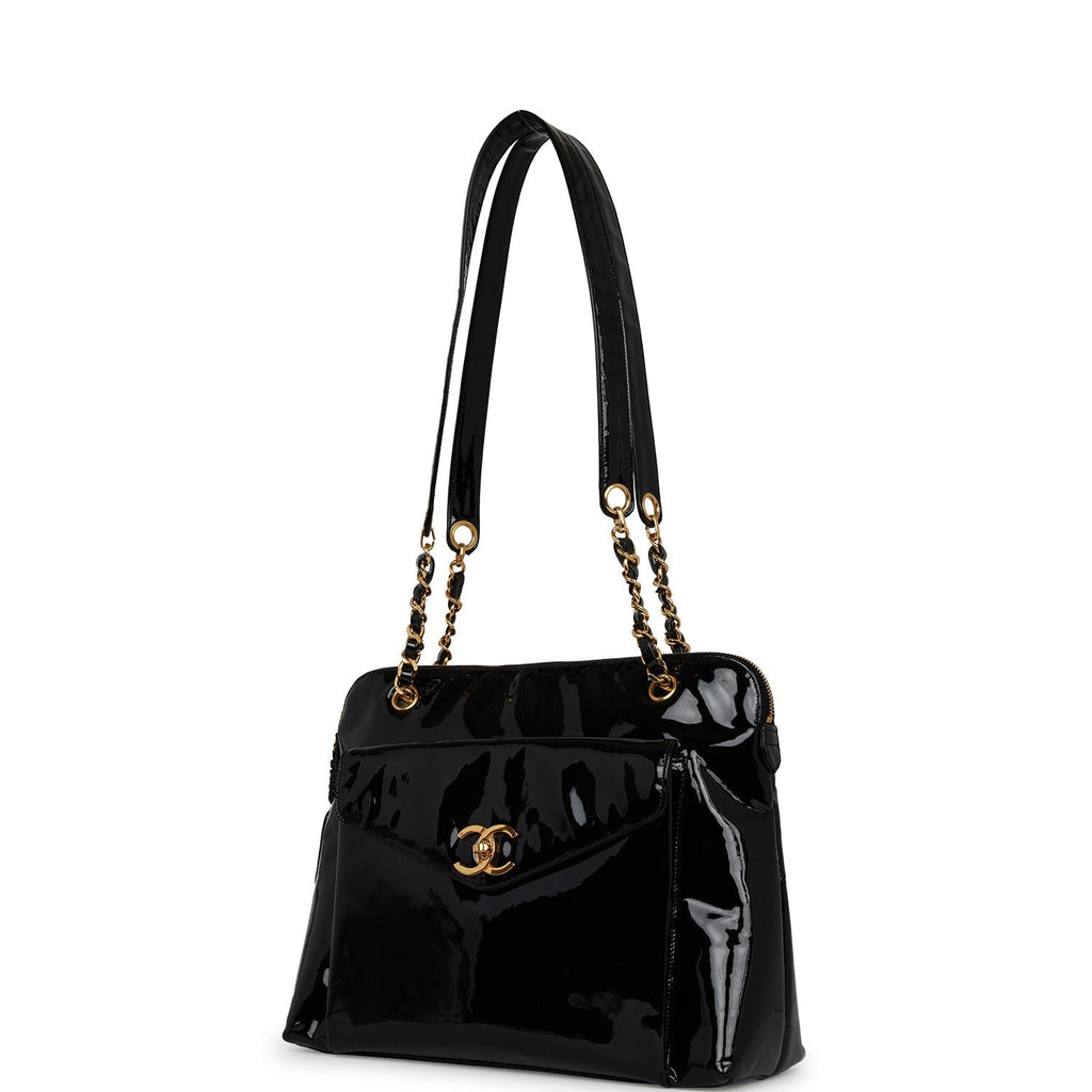 Chanel Vintage Tote Bag Black Patent Gold Hardware