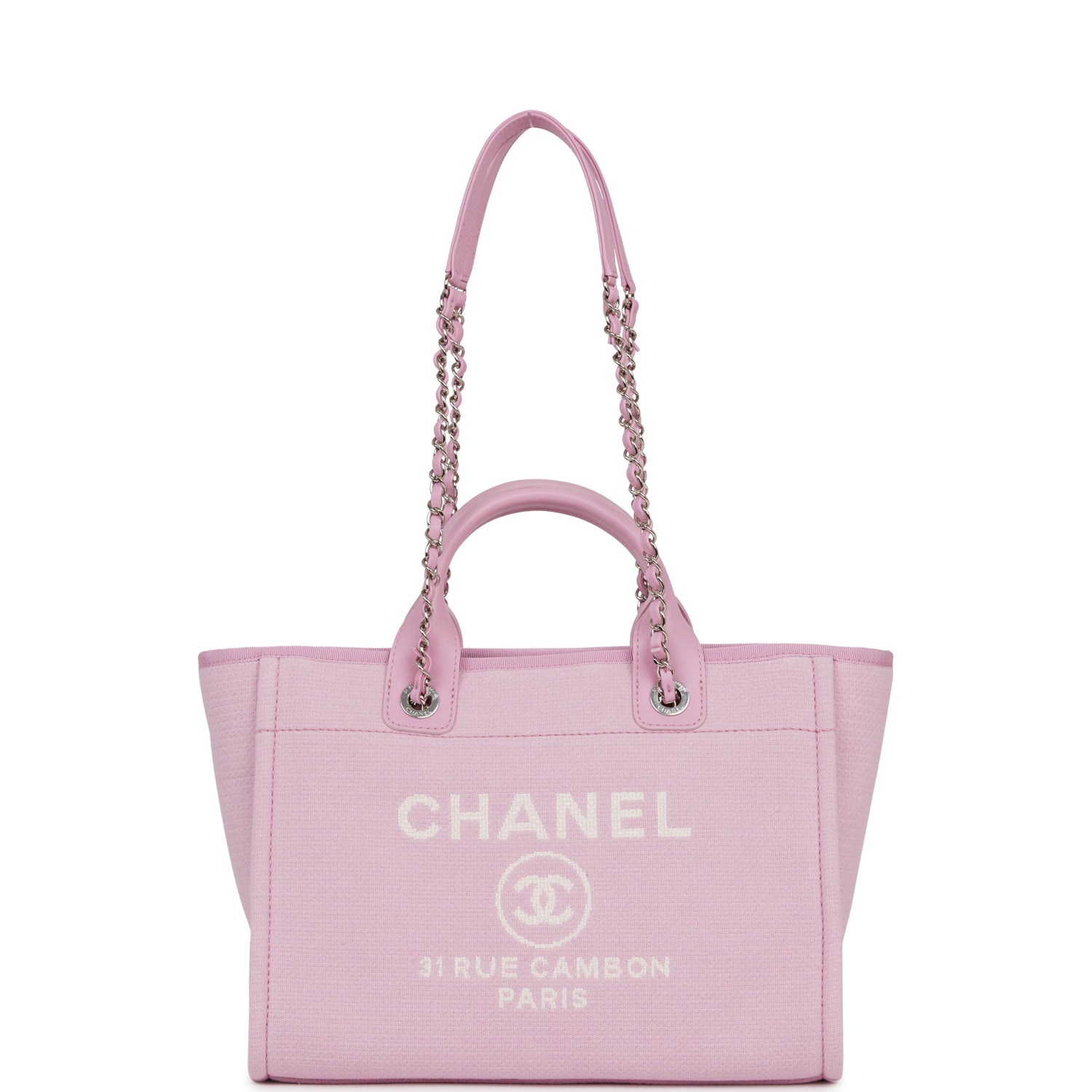 Chanel Small Deauville Shopping Bag Pink Boucle Silver Hardware