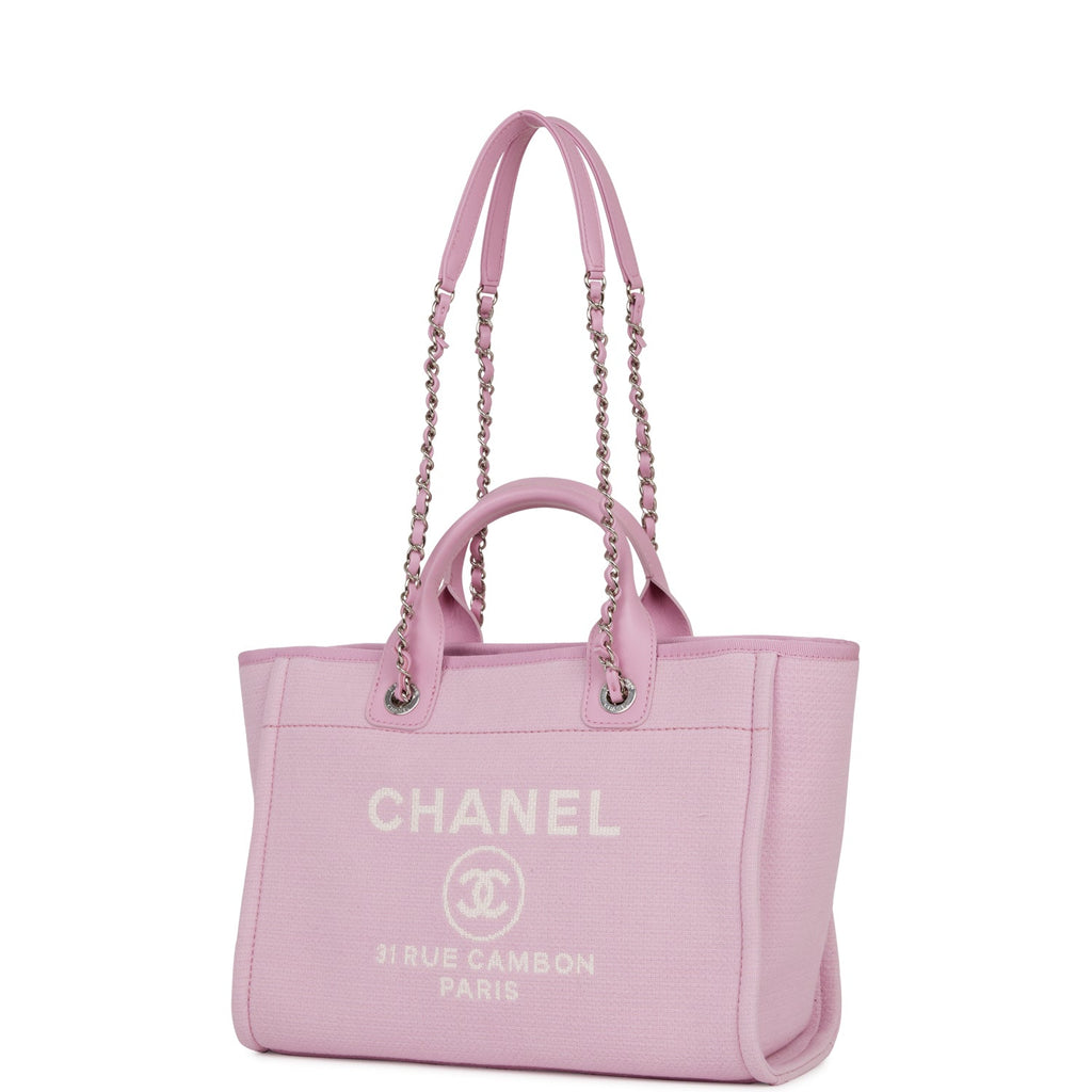 Chanel Small Deauville Shopping Bag Pink Boucle Silver Hardware