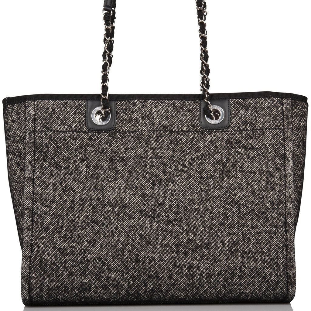 Chanel Small Deauville Shopping Bag Black Wool Silver Hardware