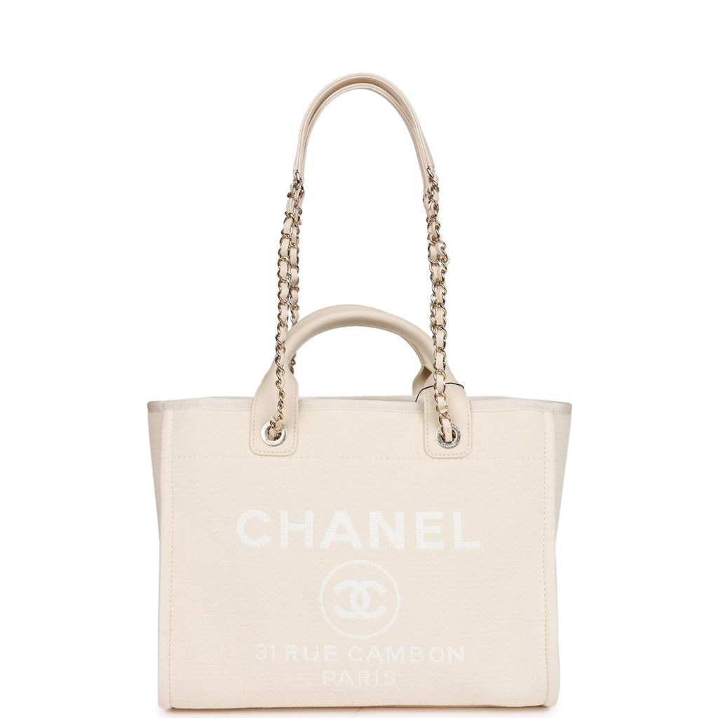 Chanel Large Deauville Shopping Bag White Boucle Light Gold Hardware