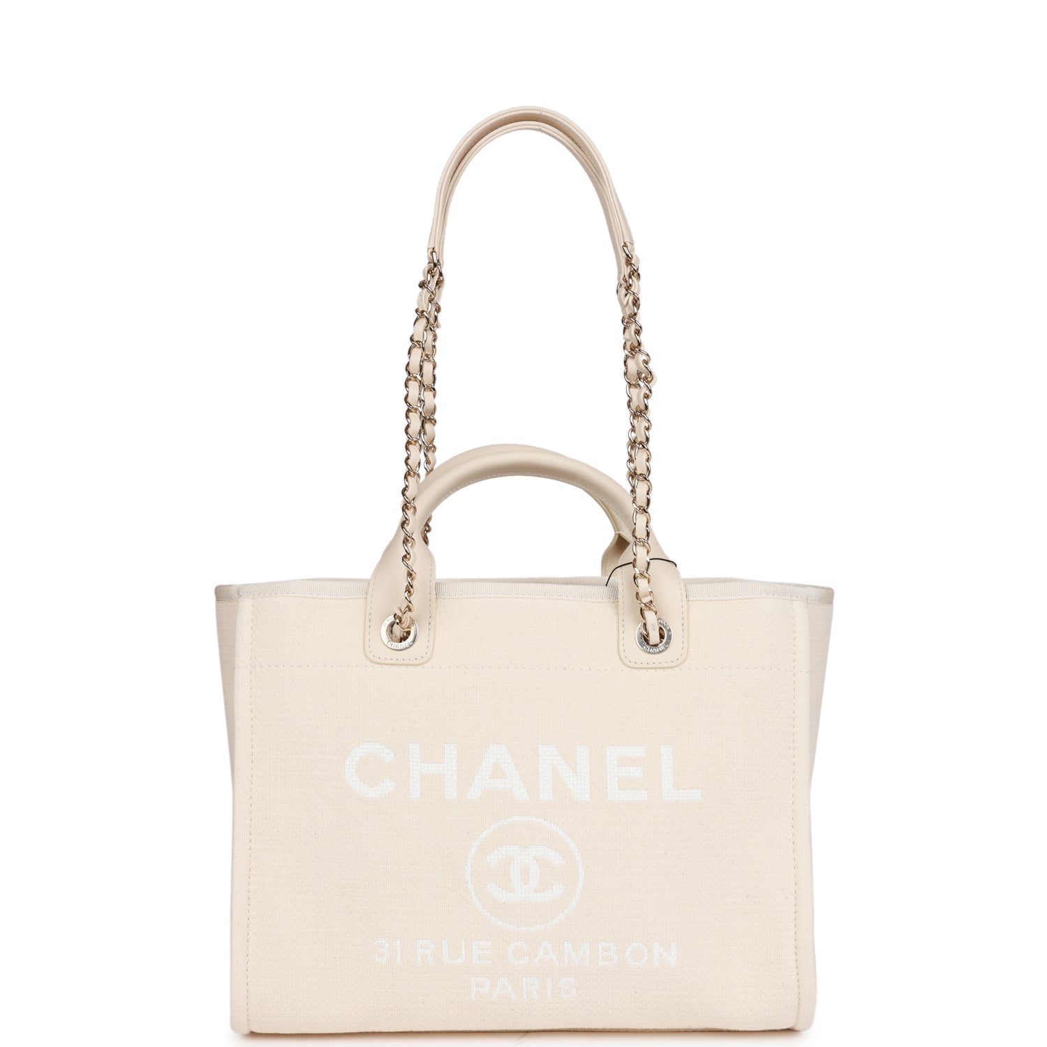 Chanel Large Deauville Shopping Bag White Boucle Light Gold Hardware