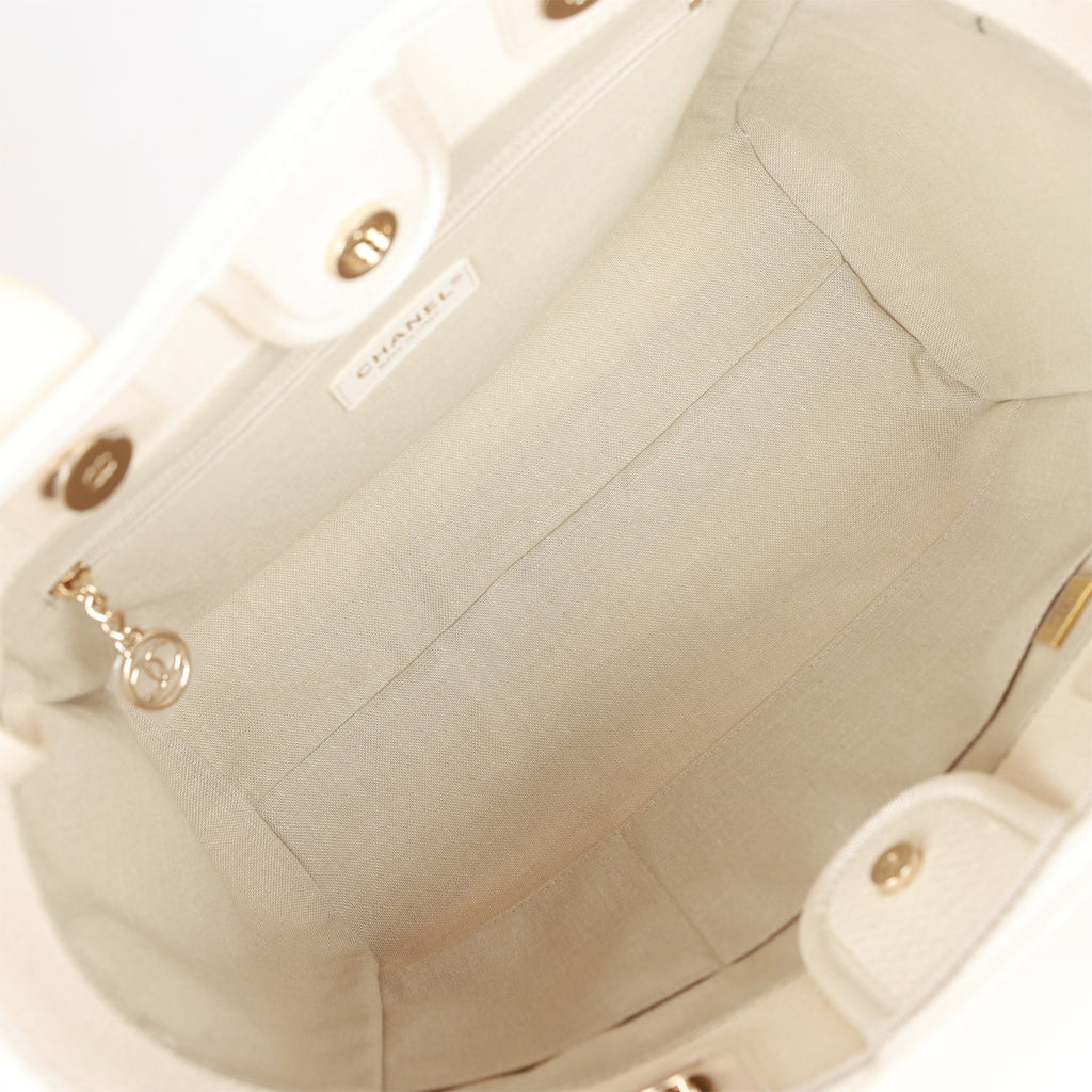 Chanel Large Deauville Shopping Bag White Boucle Light Gold Hardware