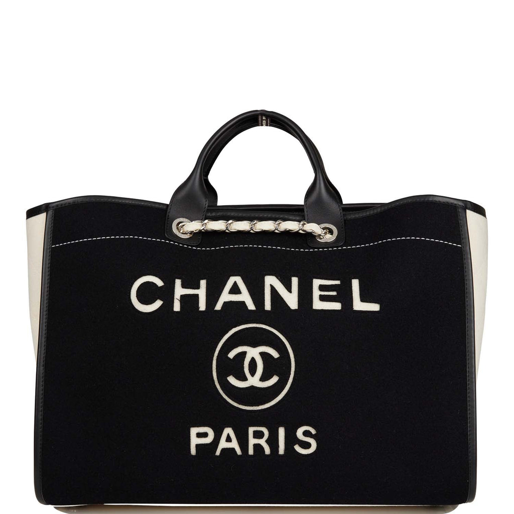 Chanel Large Deauville Shopping Bag Black and White Wool Silver Hardware