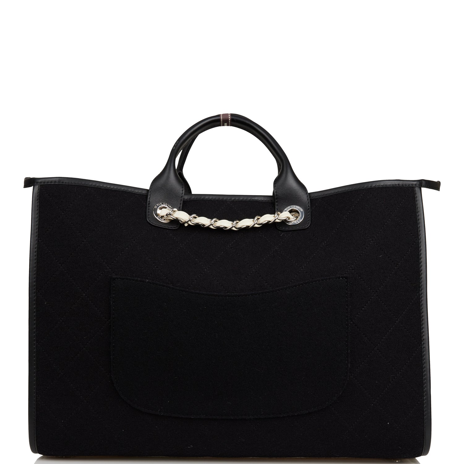Chanel Large Deauville Shopping Bag Black and White Wool Silver Hardware
