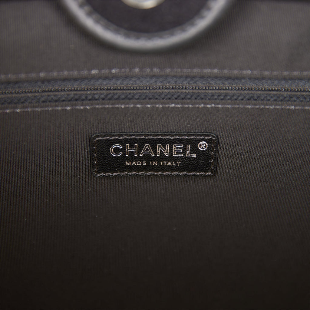 Chanel Large Deauville Shopping Bag Black and White Wool Silver Hardware