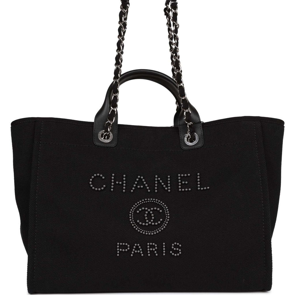 Chanel Large Deauville Shopping Bag Imitation Pearl and Black Canvas Silver Hardware