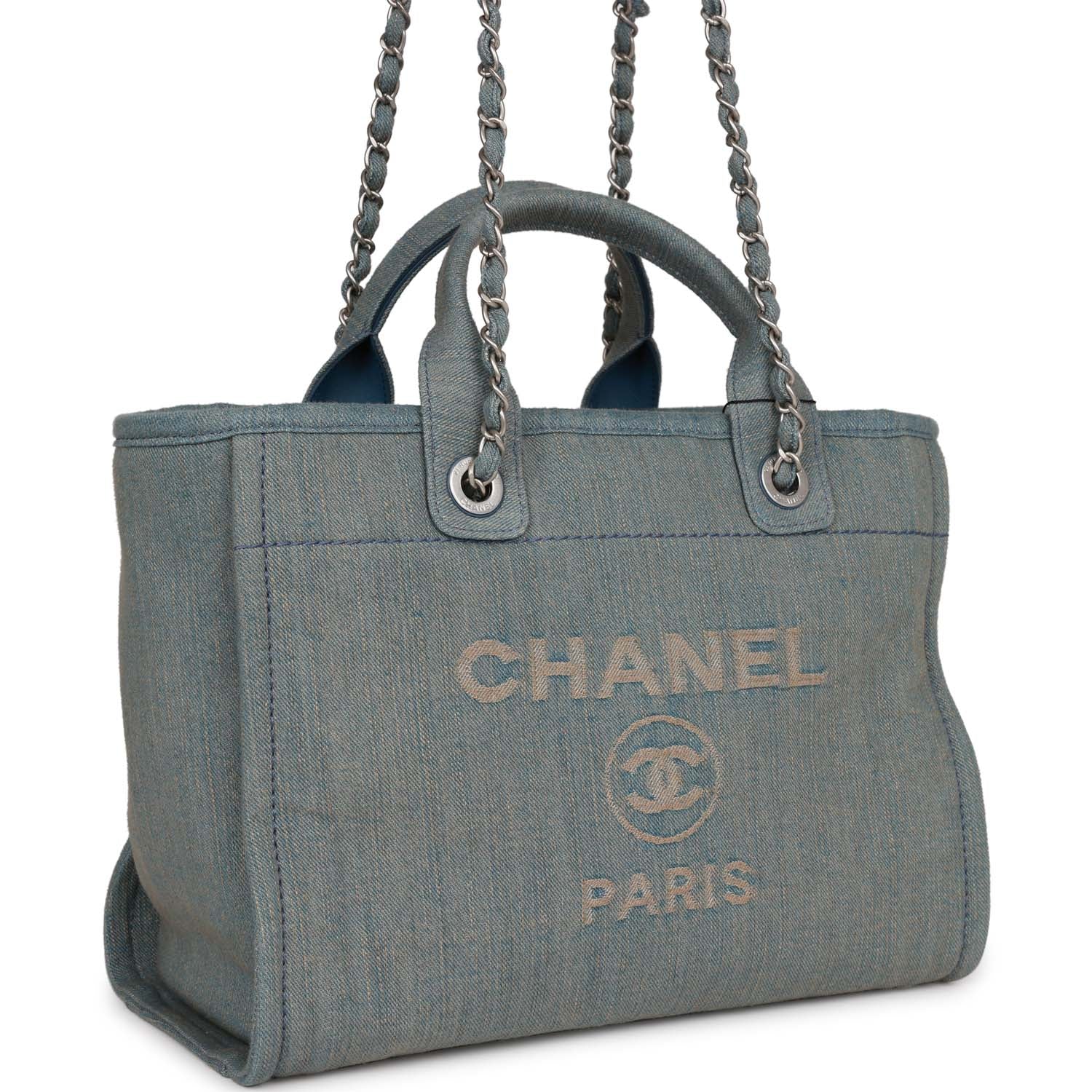 Chanel Small Deauville Shopping Tote Distressed Blue Denim Aged Silver Hardware