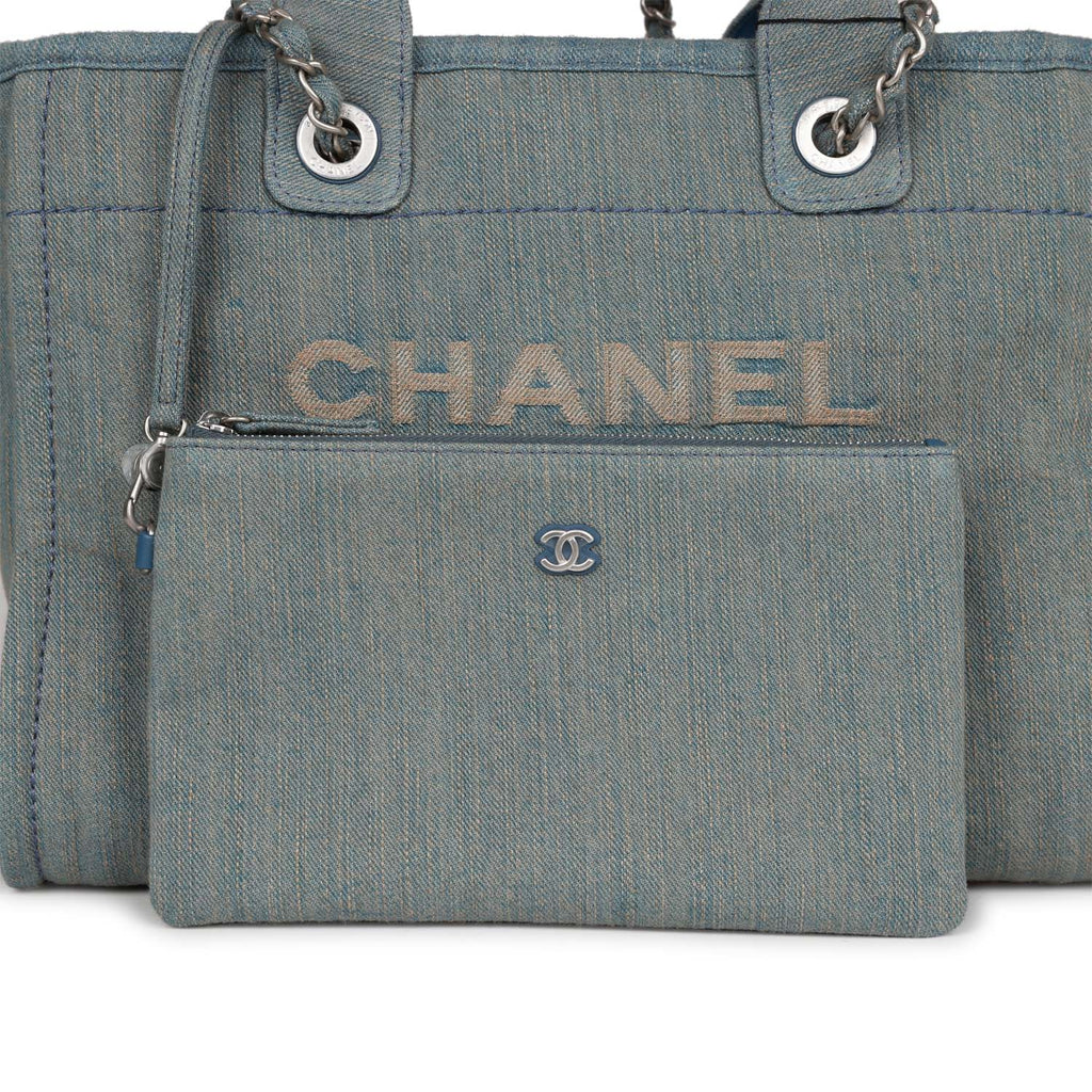 Chanel Small Deauville Shopping Tote Distressed Blue Denim Aged Silver Hardware