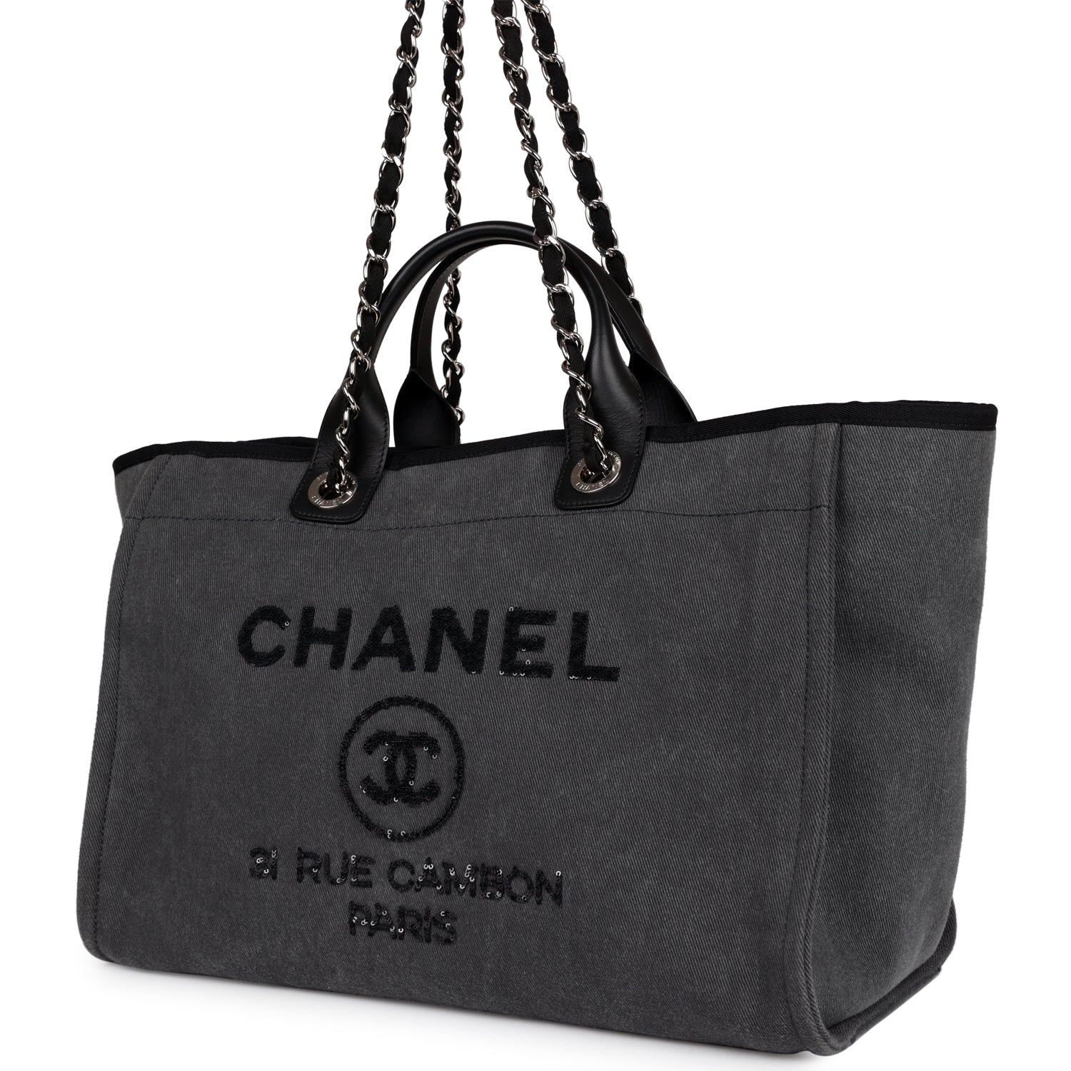 Chanel Medium Deauville Shopping Tote Dark Grey Denim Silver Hardware