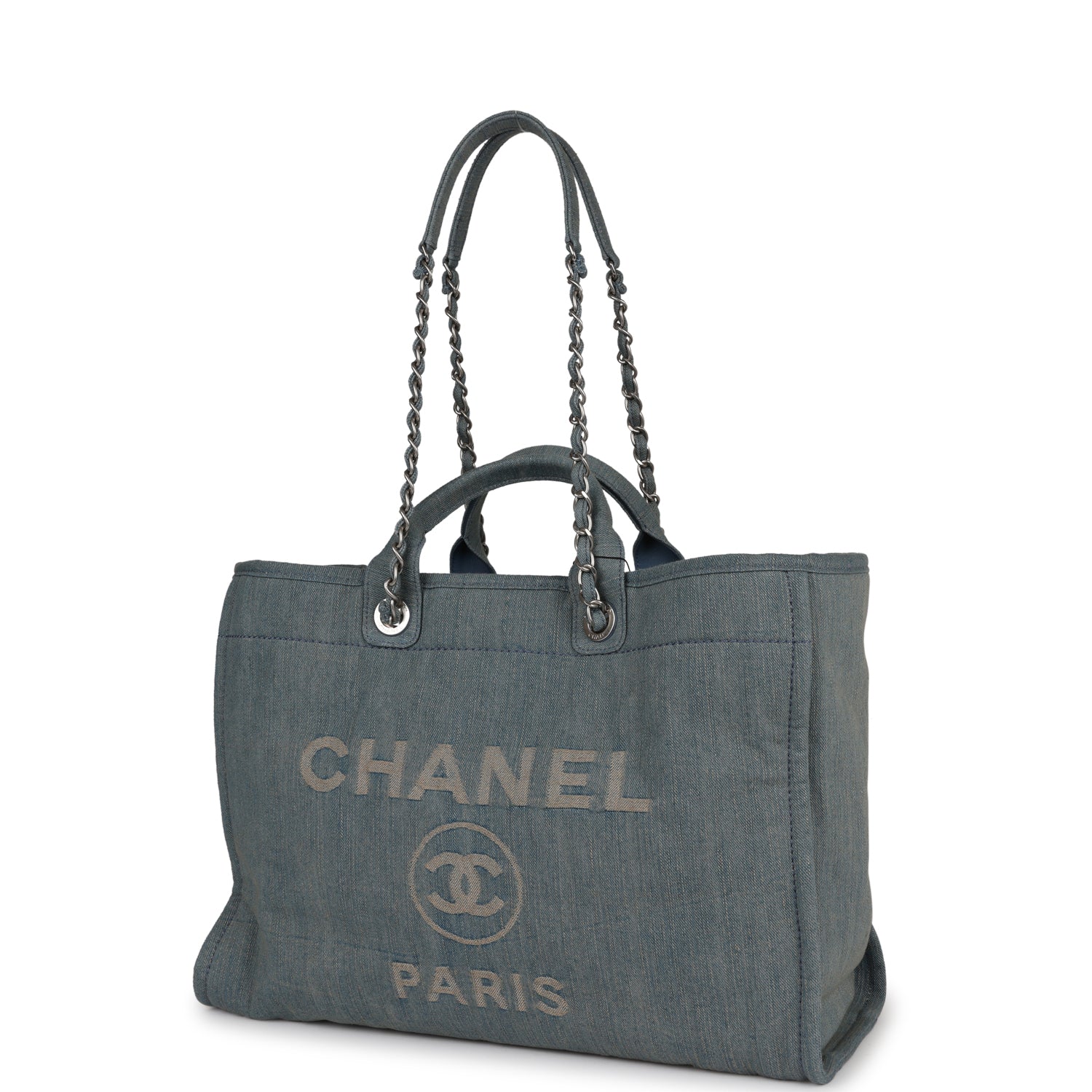 Chanel Large Deauville Shopping Tote Distressed Blue Denim Silver Hardware