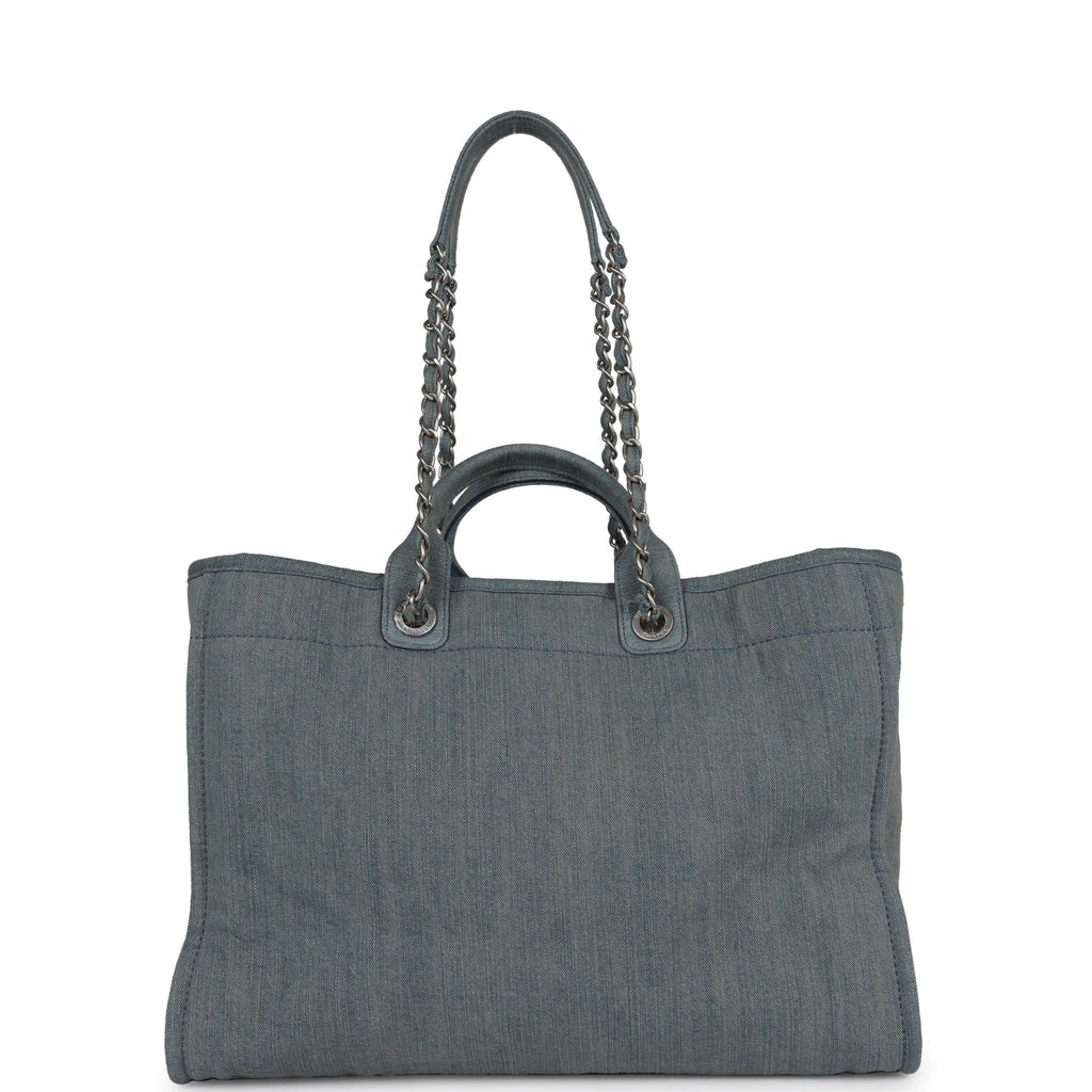 Chanel Large Deauville Shopping Tote Distressed Blue Denim Silver Hardware