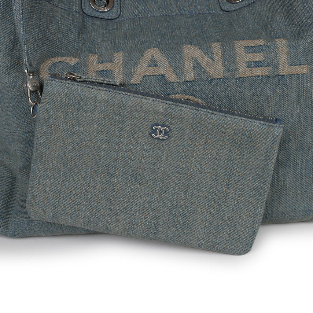 Chanel Large Deauville Shopping Tote Distressed Blue Denim Silver Hardware