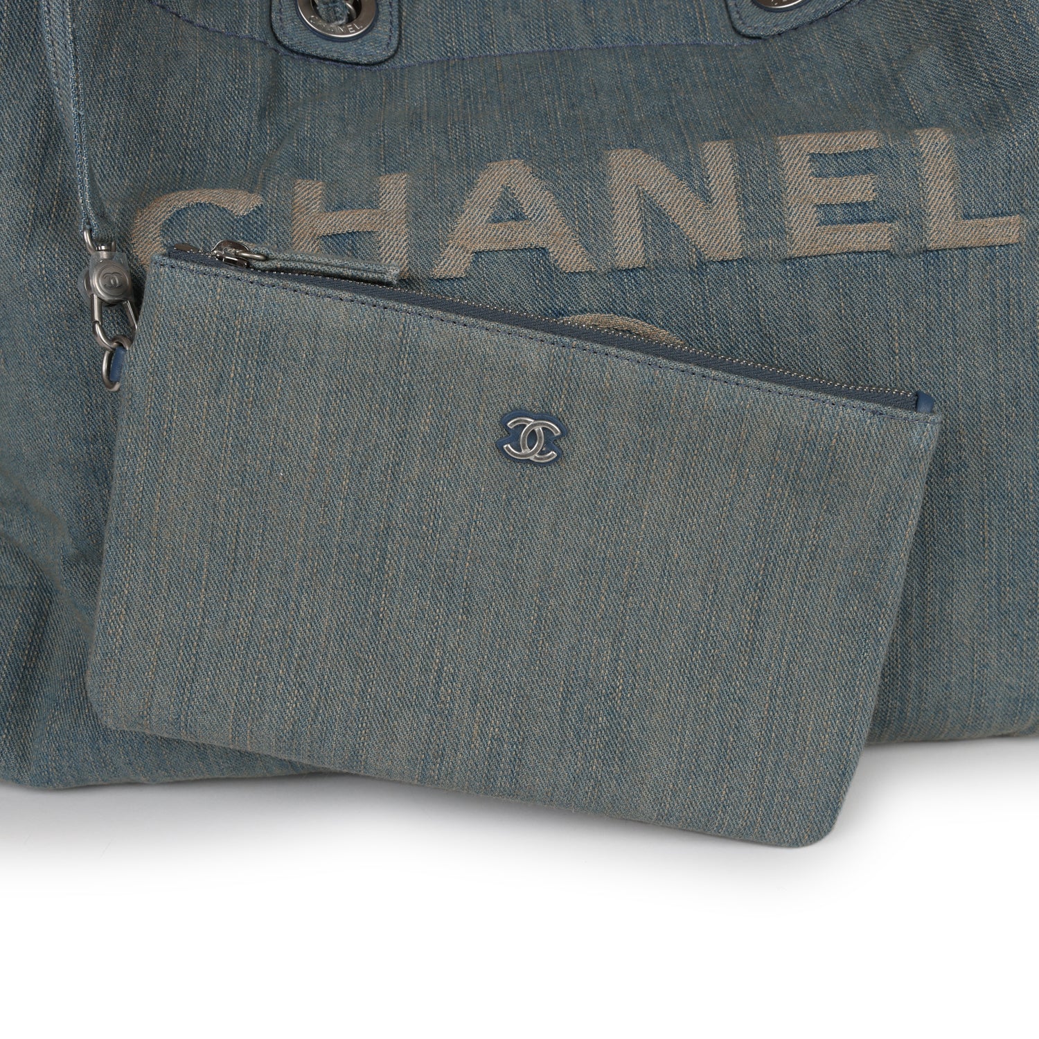 Chanel Large Deauville Shopping Tote Distressed Blue Denim Silver Hardware