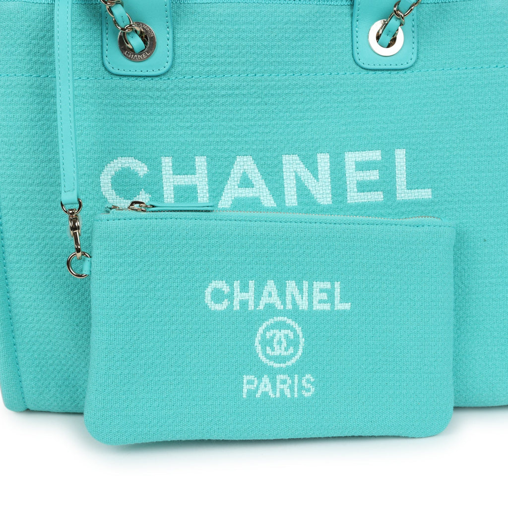 Chanel Small Deauville Shopping Tote Turquoise Canvas Light Gold Hardware