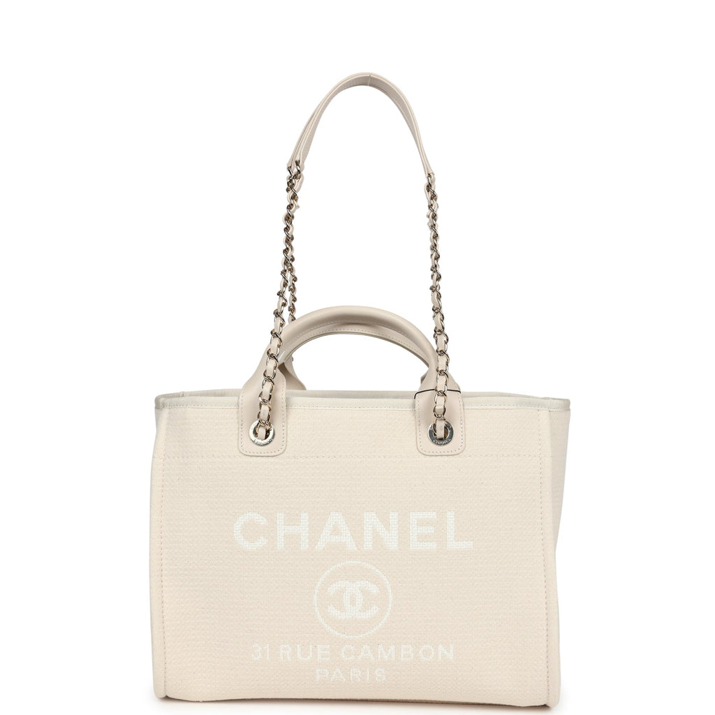Chanel Small Deauville Shopping Tote Ivory Canvas Light Gold Hardware