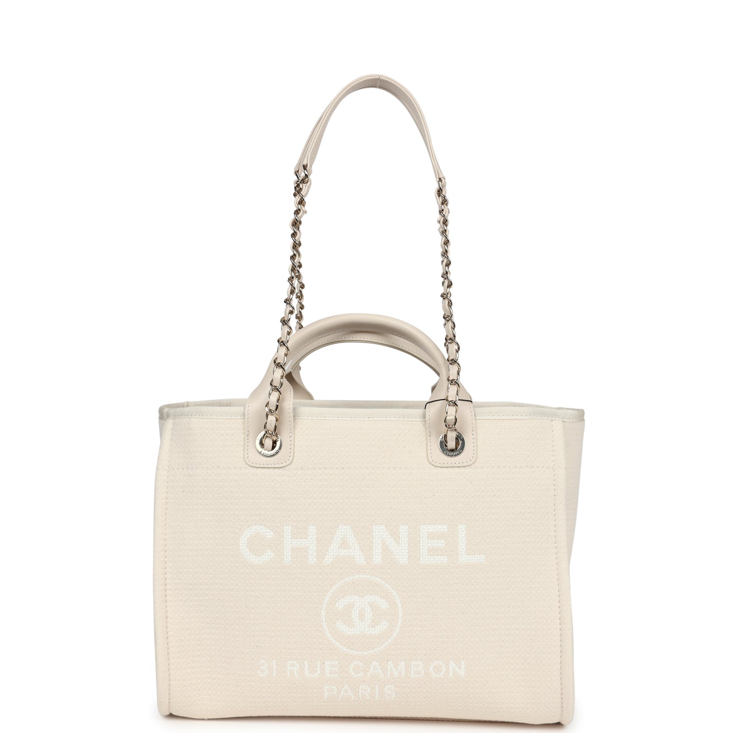 Chanel Small Deauville Shopping Tote Ivory Canvas Light Gold Hardware