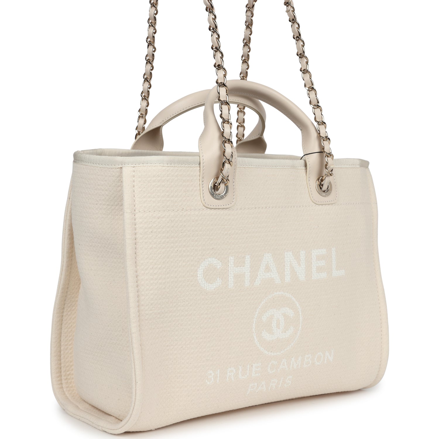 Chanel Small Deauville Shopping Tote Ivory Canvas Light Gold Hardware